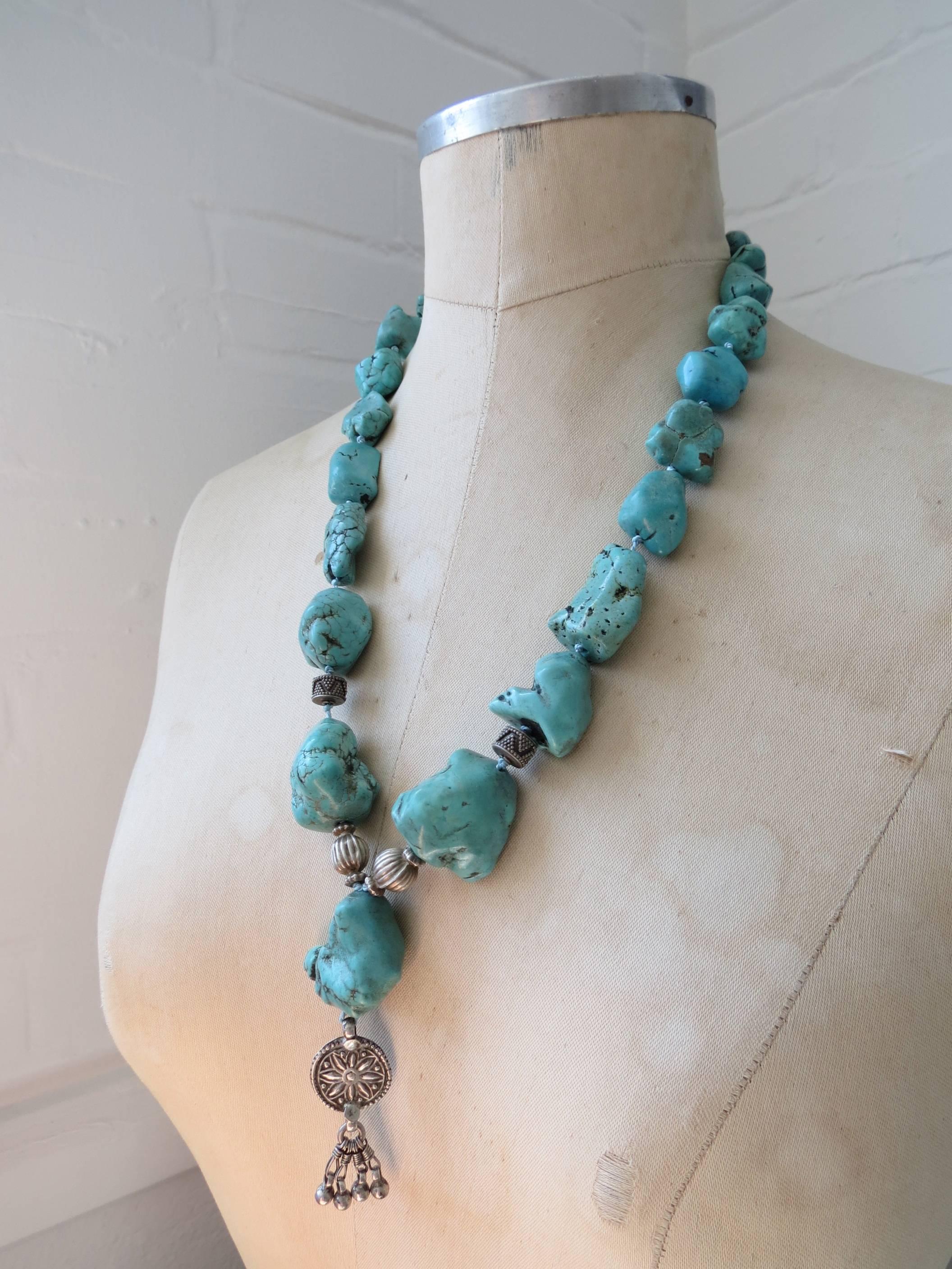 Vintage Turquoise Nugget Bead Necklace with Sterling Silver Details For Sale 4