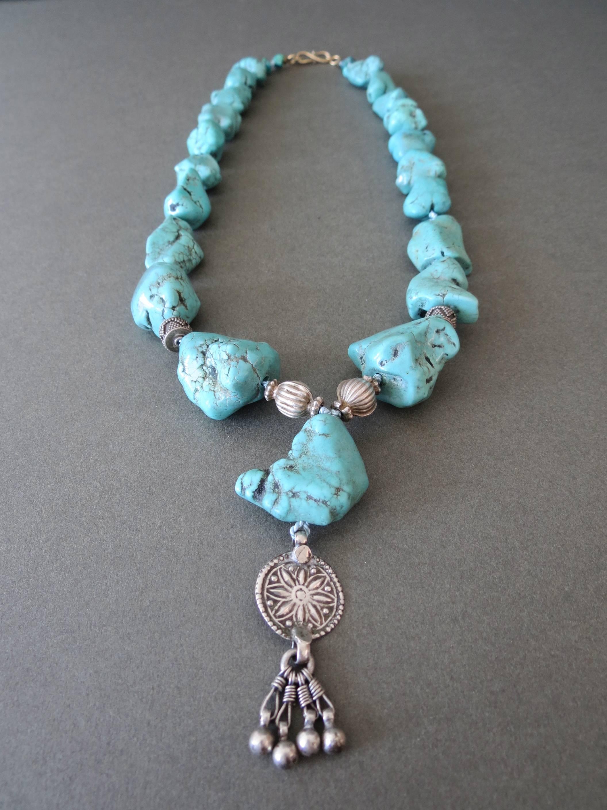 Arts and Crafts Vintage Turquoise Nugget Bead Necklace with Sterling Silver Details For Sale