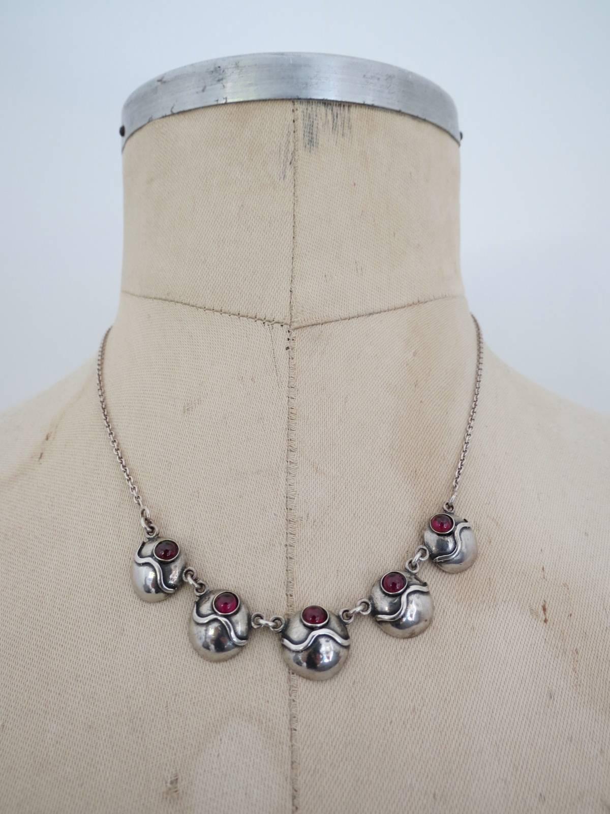 Vintage Silver Garnet Modernist Mid Century Necklace For Sale 3