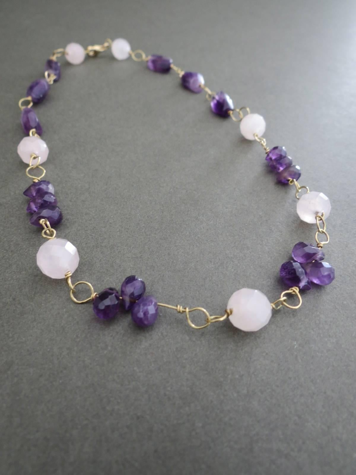 Vintage Danish 18k Gold Rose Quartz Amethyst Necklace For Sale 1