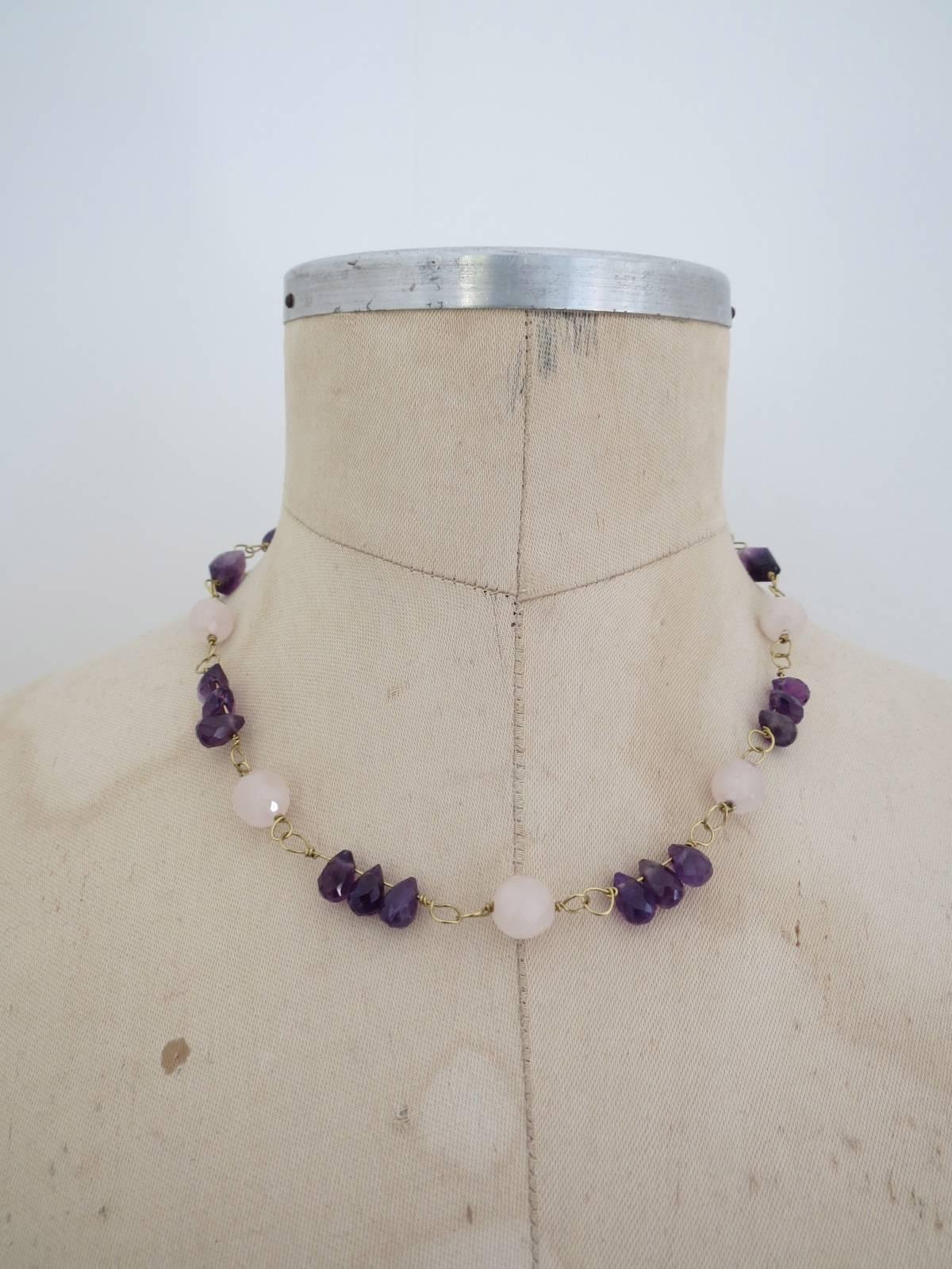 Vintage Danish 18k Gold Rose Quartz Amethyst Necklace In Good Condition For Sale In Hove, GB