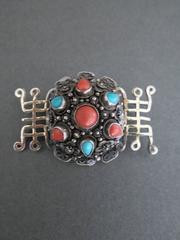 Vintage Chinese Silver Salmon Coral Turquoise Brooch