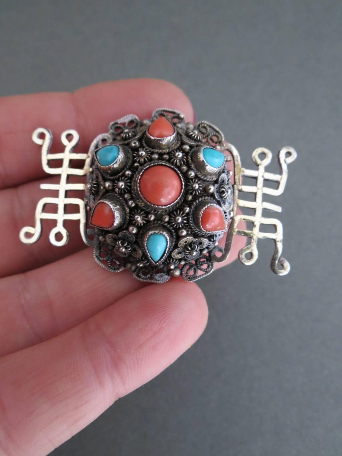 Art Deco Vintage Chinese Silver Salmon Coral Turquoise Brooch   For Sale