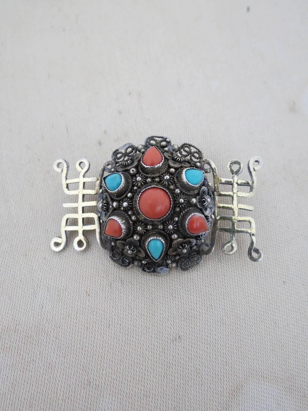 Vintage Chinese Silver Salmon Coral Turquoise Brooch   For Sale 1