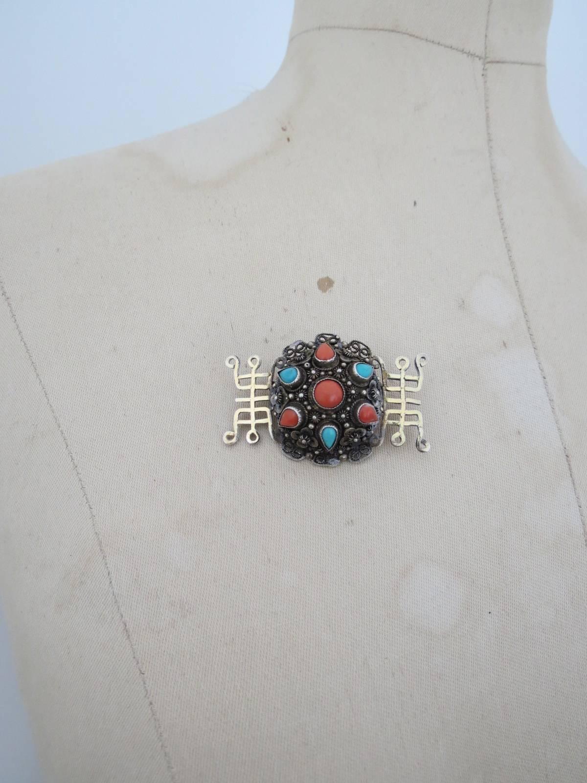 Vintage Chinese Silver Salmon Coral Turquoise Brooch   For Sale 2