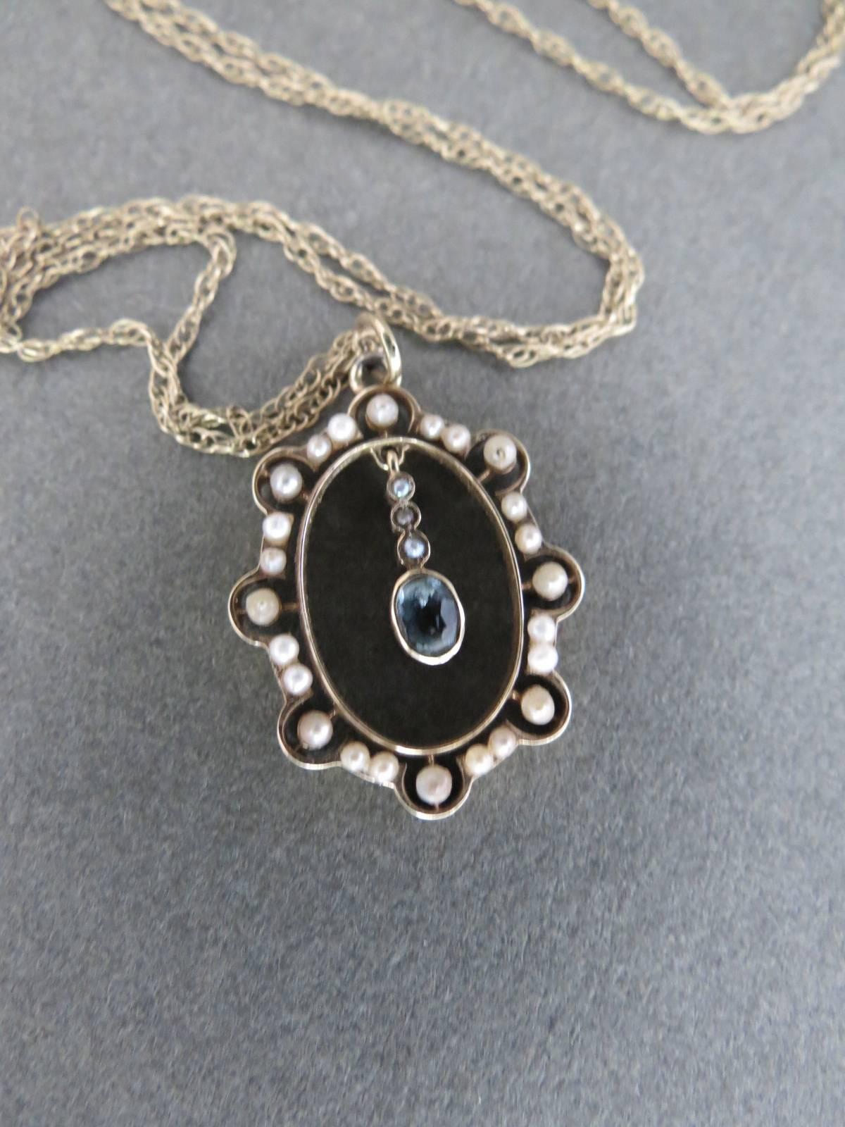 Victorian 9k Gold Seed Pearl Aquamarine Paste Pendant Necklace 9ct 375 For Sale 2