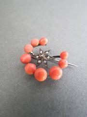 Victorian Silver Crescent Moon Star Coral Seed Pearl Brooch