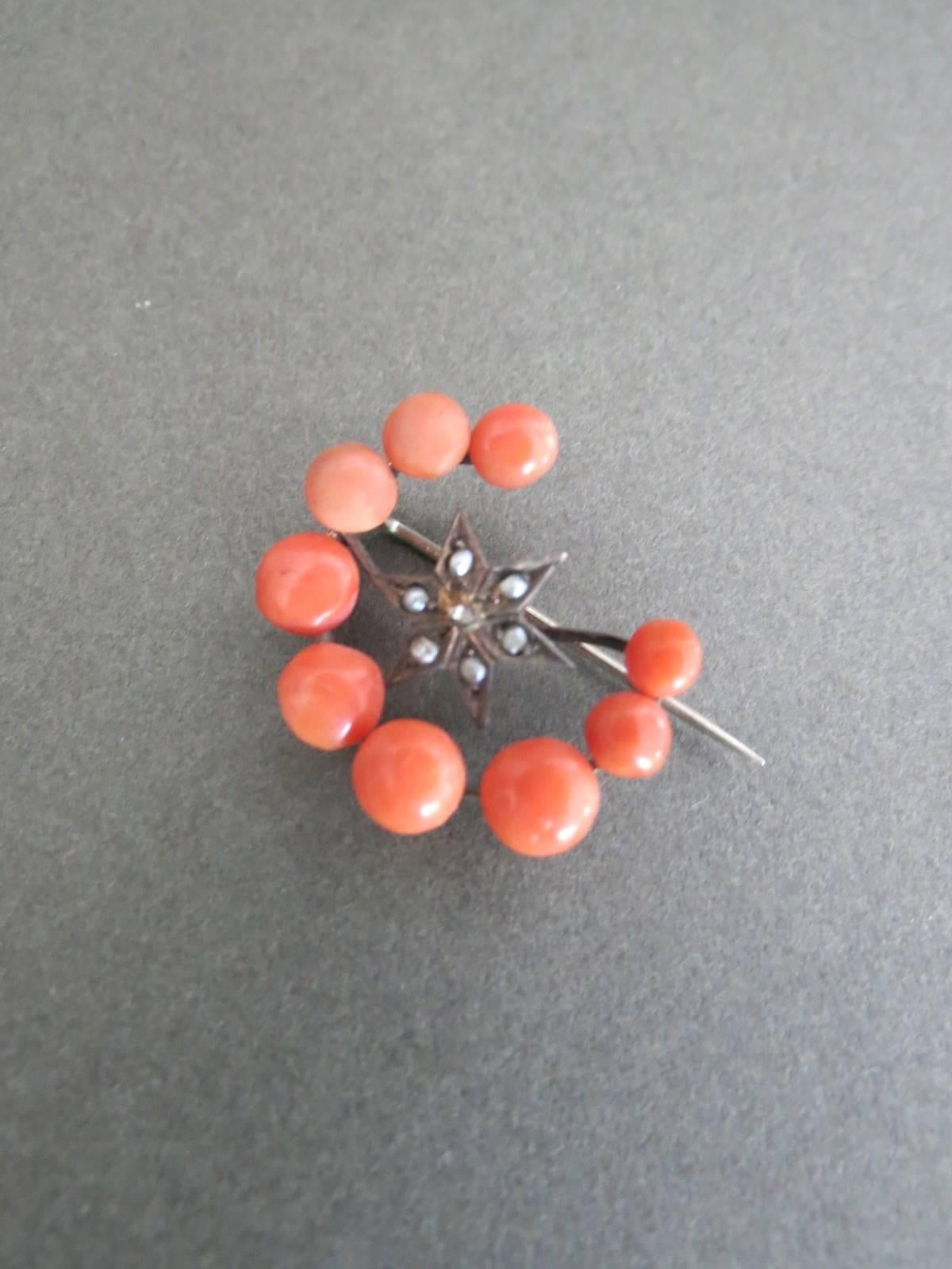 Victorian Silver Crescent Moon Star Coral Seed Pearl Brooch 2