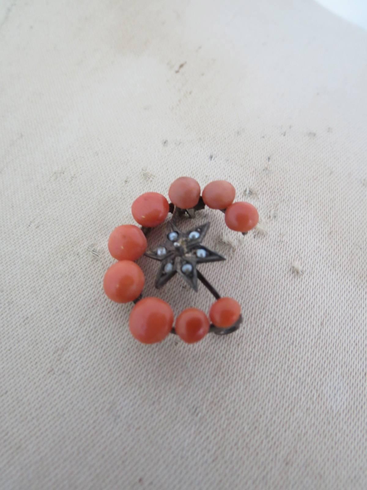 Victorian Silver Crescent Moon Star Coral Seed Pearl Brooch 1