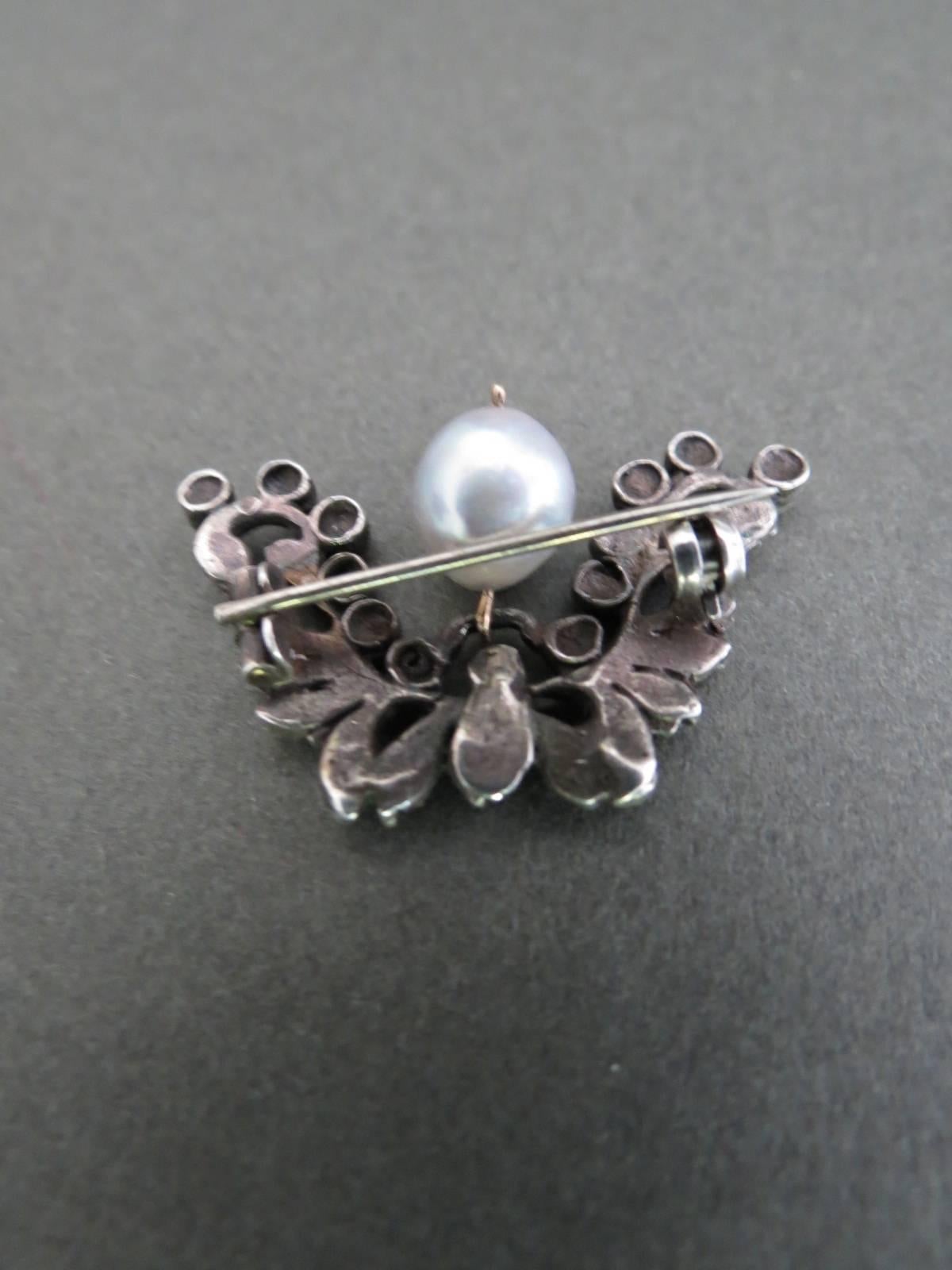 Victorian Silver Rose Cut Diamond Ruby Pearl Brooch For Sale 3