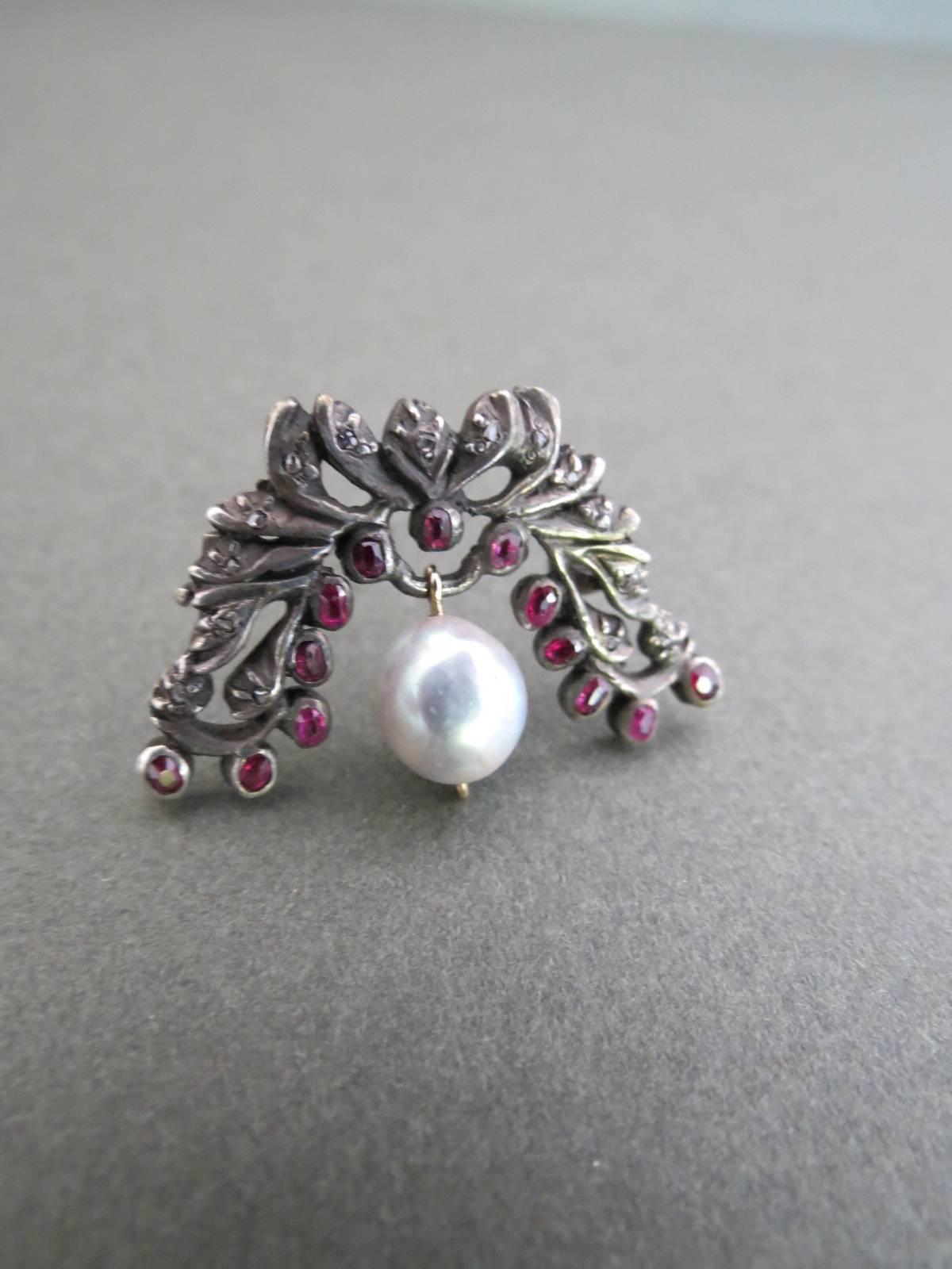 Victorian Silver Rose Cut Diamond Ruby Pearl Brooch For Sale 1
