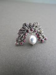 Victorian Silver Rose Cut Diamond Ruby Pearl Brooch