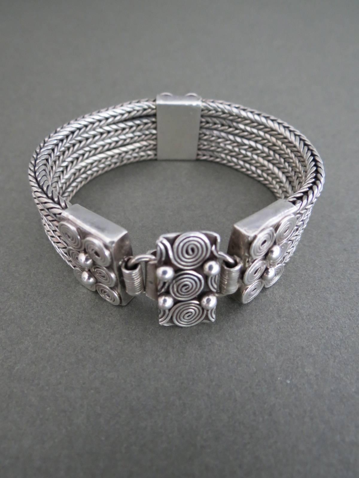 Women's or Men's Vintage Silver Cuff Bracelet Mid Century Danish Snakeskin Bangle