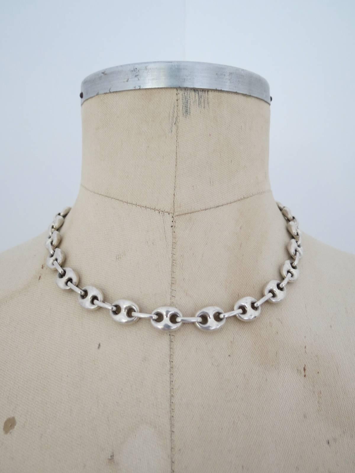 Vintage Modernist Silver Chain Link Necklace Mid Century Danish Choker  2