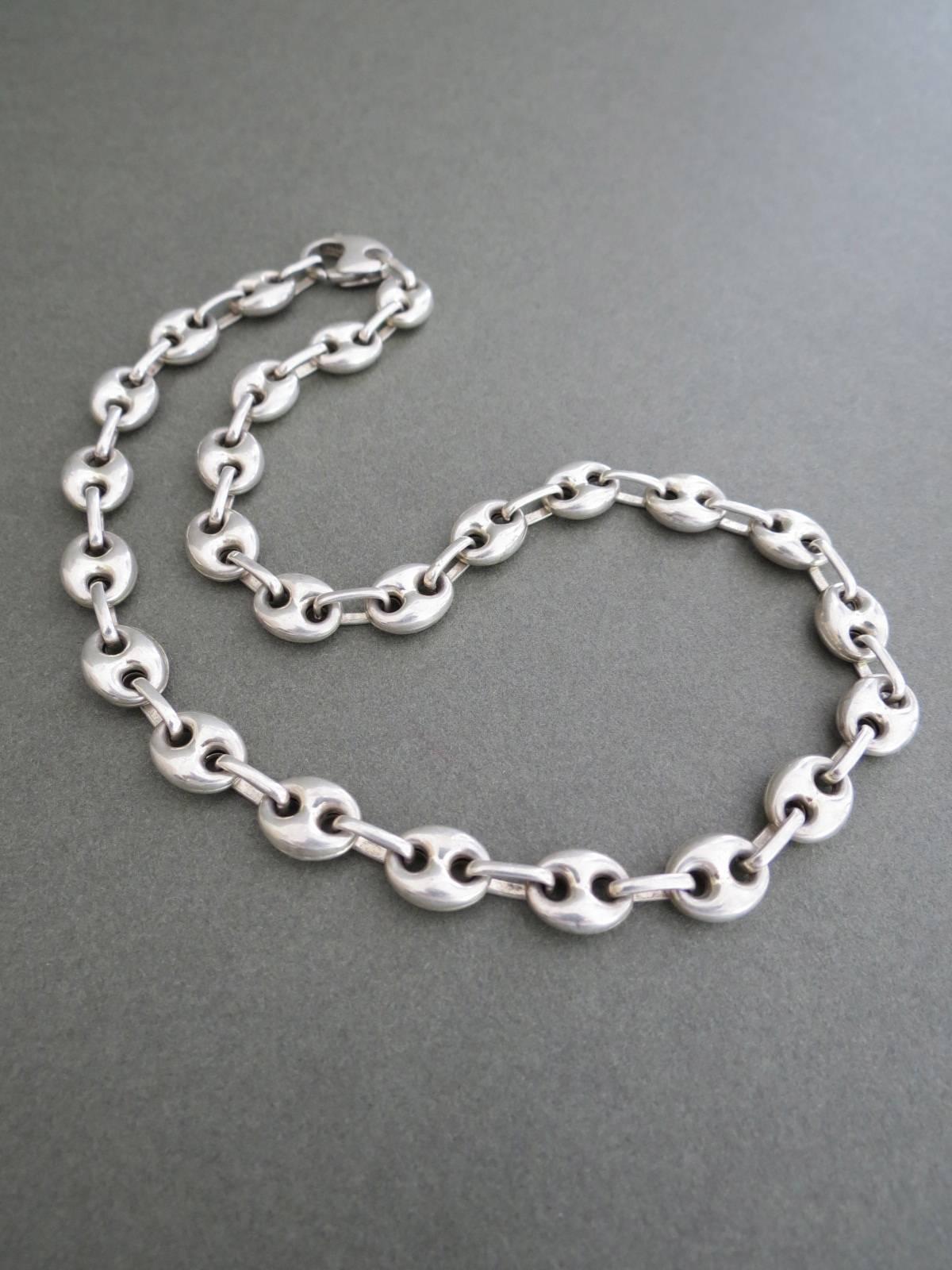 Vintage Modernist Silver Chain Link Necklace Mid Century Danish Choker  1