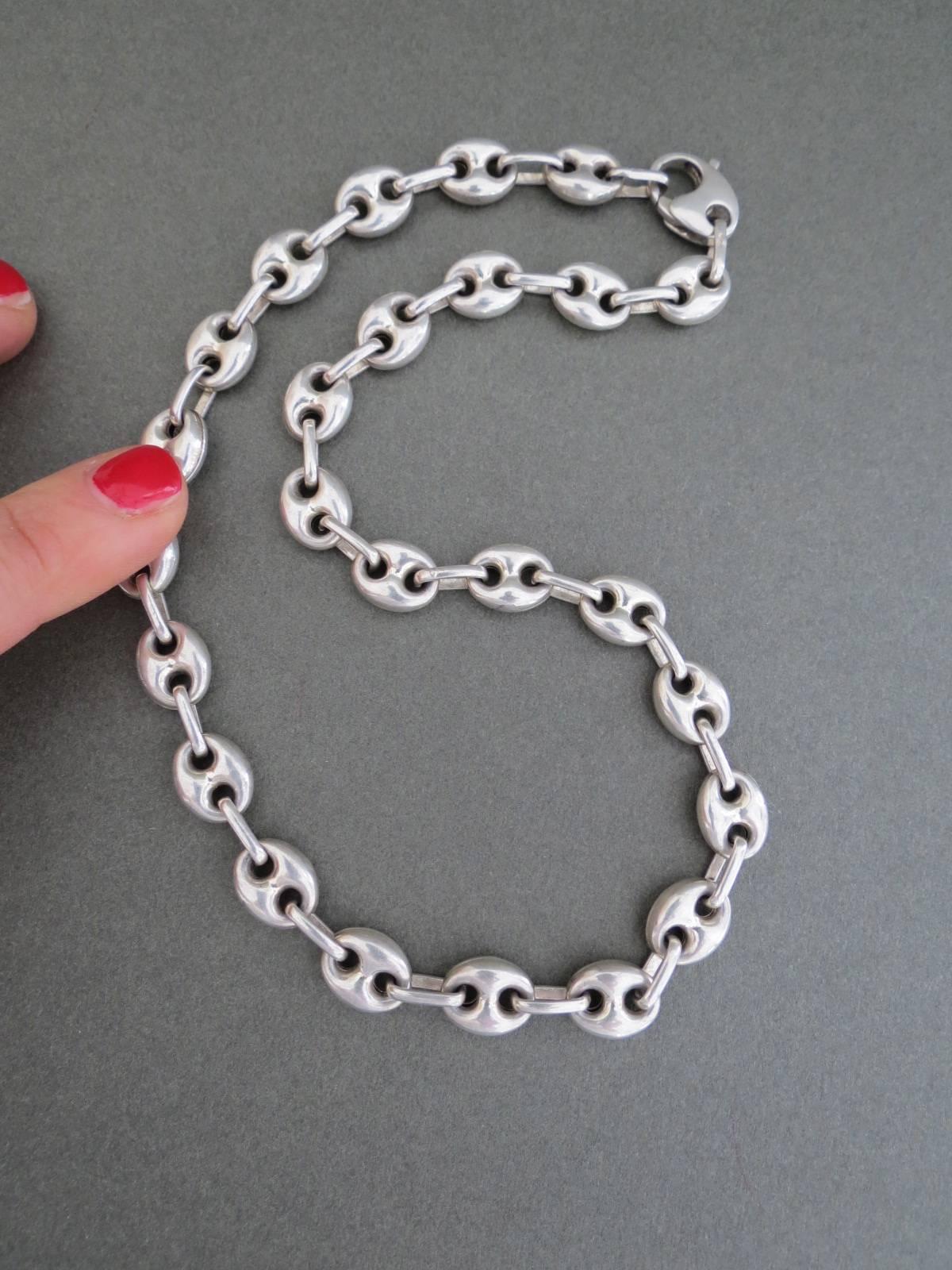Vintage Modernist Silver Chain Link Necklace Mid Century Danish Choker  4