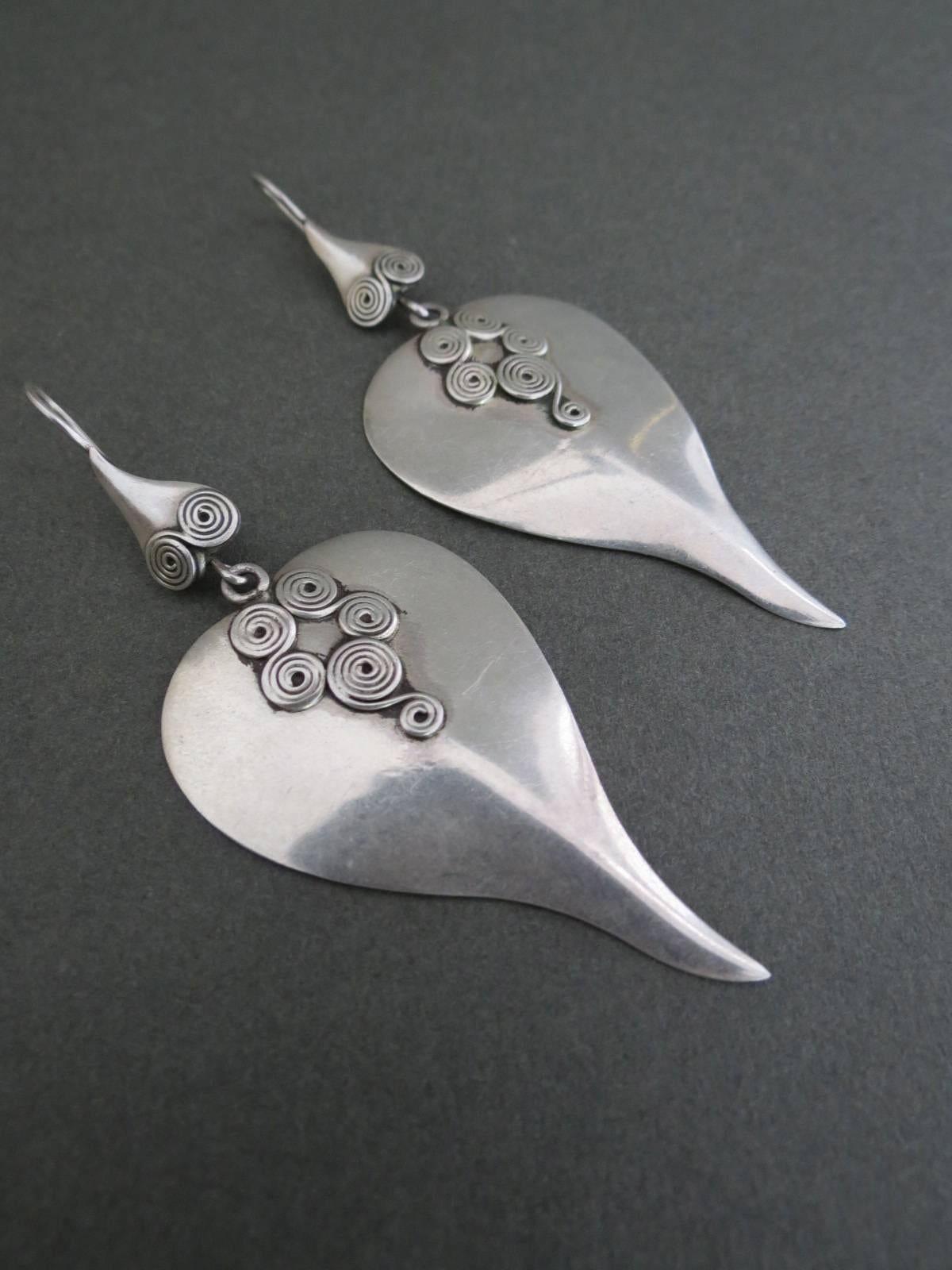 Women's Vintage Danish Silver Modernist Leaf Shape Drop Earrings Mid Century