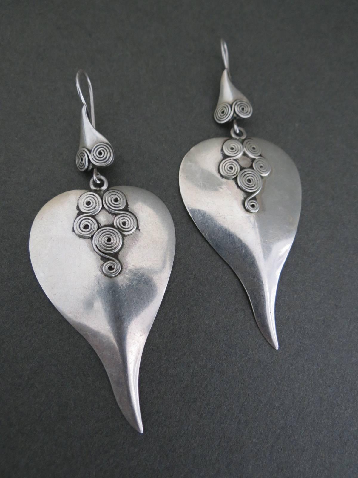 Vintage Danish Silver Modernist Leaf Shape Drop Earrings Mid Century 2