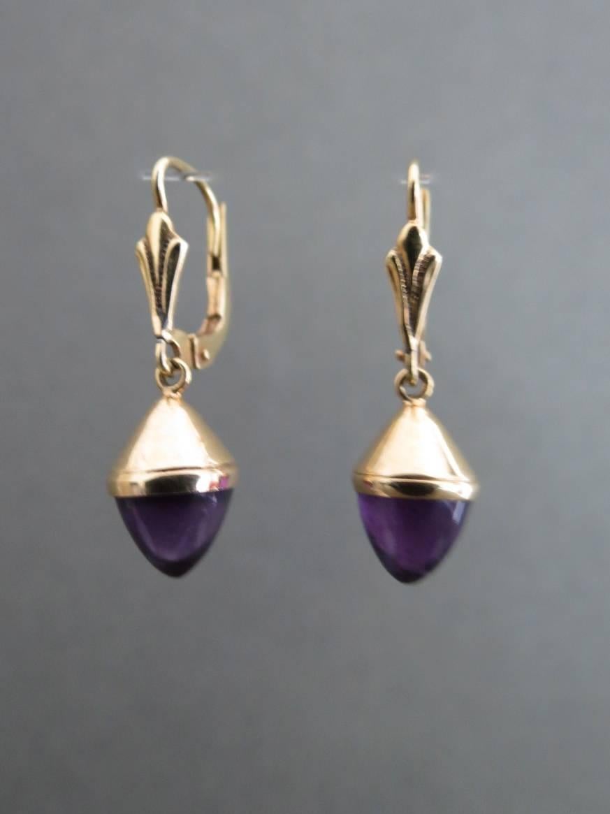 Vintage Danish 14k Gold Amethyst Drop Earrings Modernist 14ct 585 Gold In Good Condition For Sale In Hove, GB