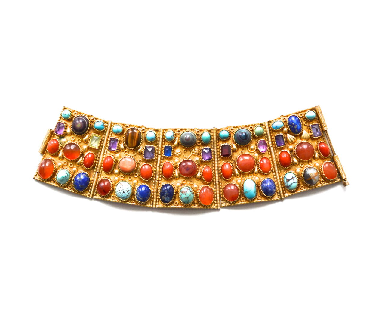 Stunning precious multiple stone and vermeil (gold over sterling silver) Etruscan style cuff. Unsigned. Circa 1960s. I believe the piece is Italian or of Persian origin. Features lapis, amythest, crystal, turquoise, agate, and coral. Beautiful rich