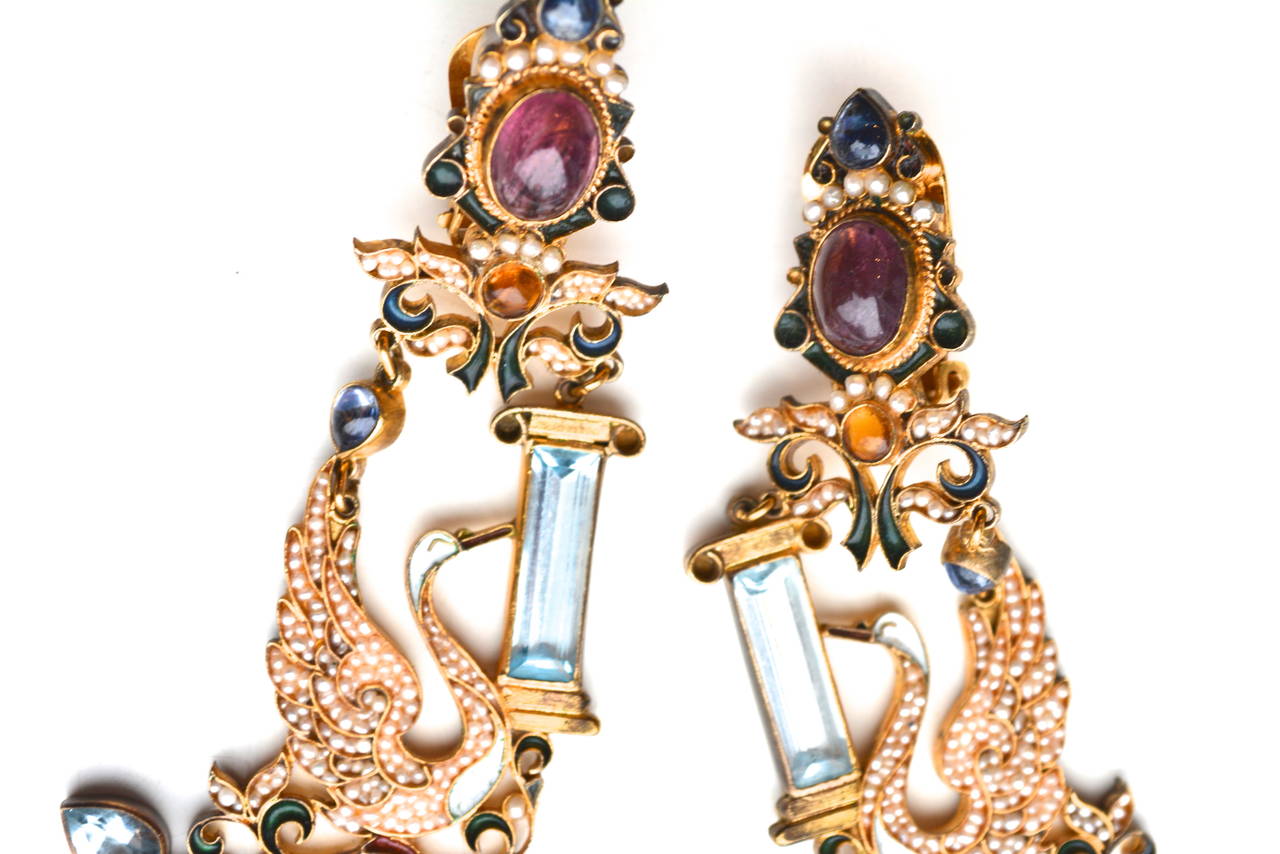 Created in the 1970s by Percossi Papi, the former owner commissioned these precious stone swan earrings while in Italy. She recounts sitting with him and discussing the design. Signed. Wonderful examples by the jeweler who is still in business