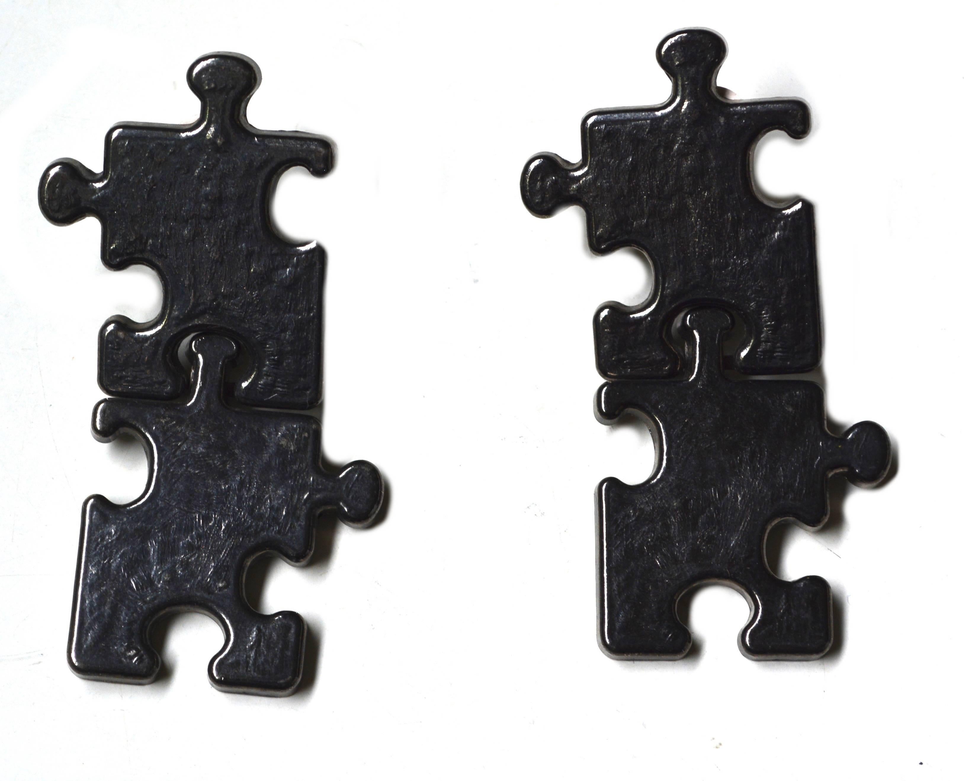 Mint condition signed BillyBoy* Made in France dated 1987 gunmetal grey oversized puzzle earrings.  These are from Billy's personal archive and are rare. The whimsical character and sleek fashion based design make these stunning on the ear! Read