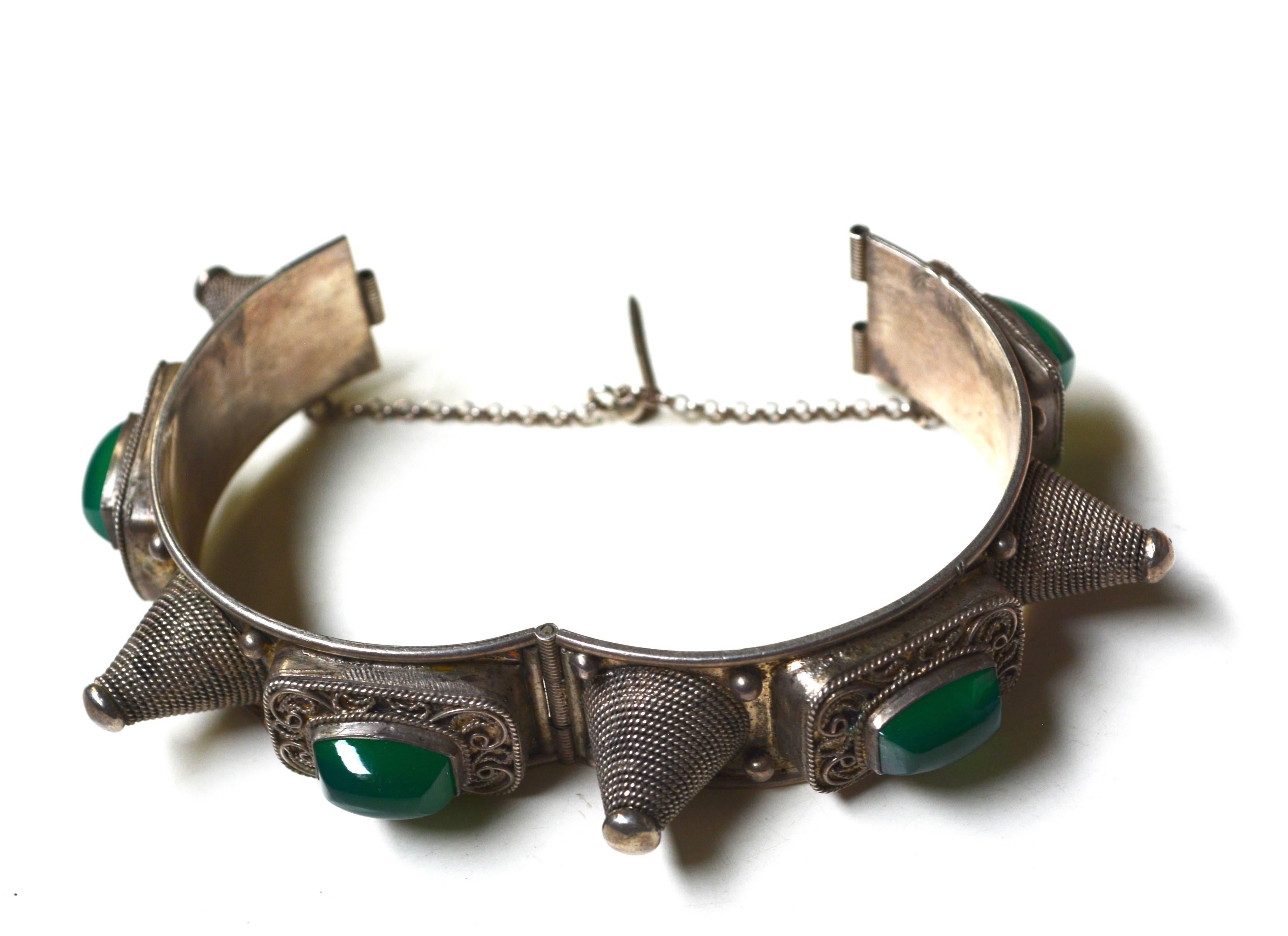  Older 800 silver hand crafted chrysoprase spike bracelet, unmarked.  I believe it is Turkmen or Berber. Tarnish, stones are in good condition. About .75