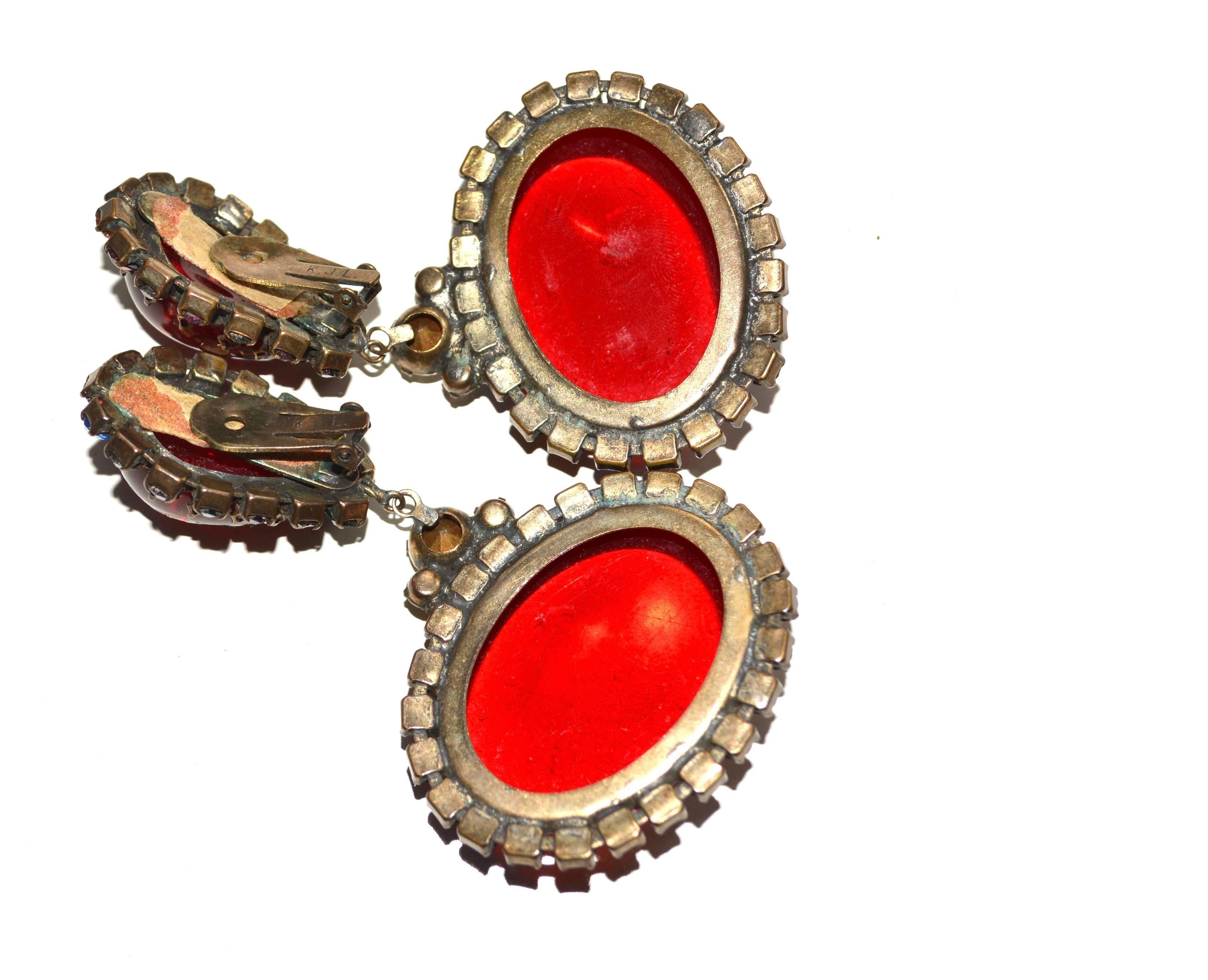 1960s KJL Red Oversized Rhinestone Earrings In Excellent Condition For Sale In Litchfield County, CT