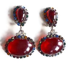 1960s KJL Red Oversized Rhinestone Earrings
