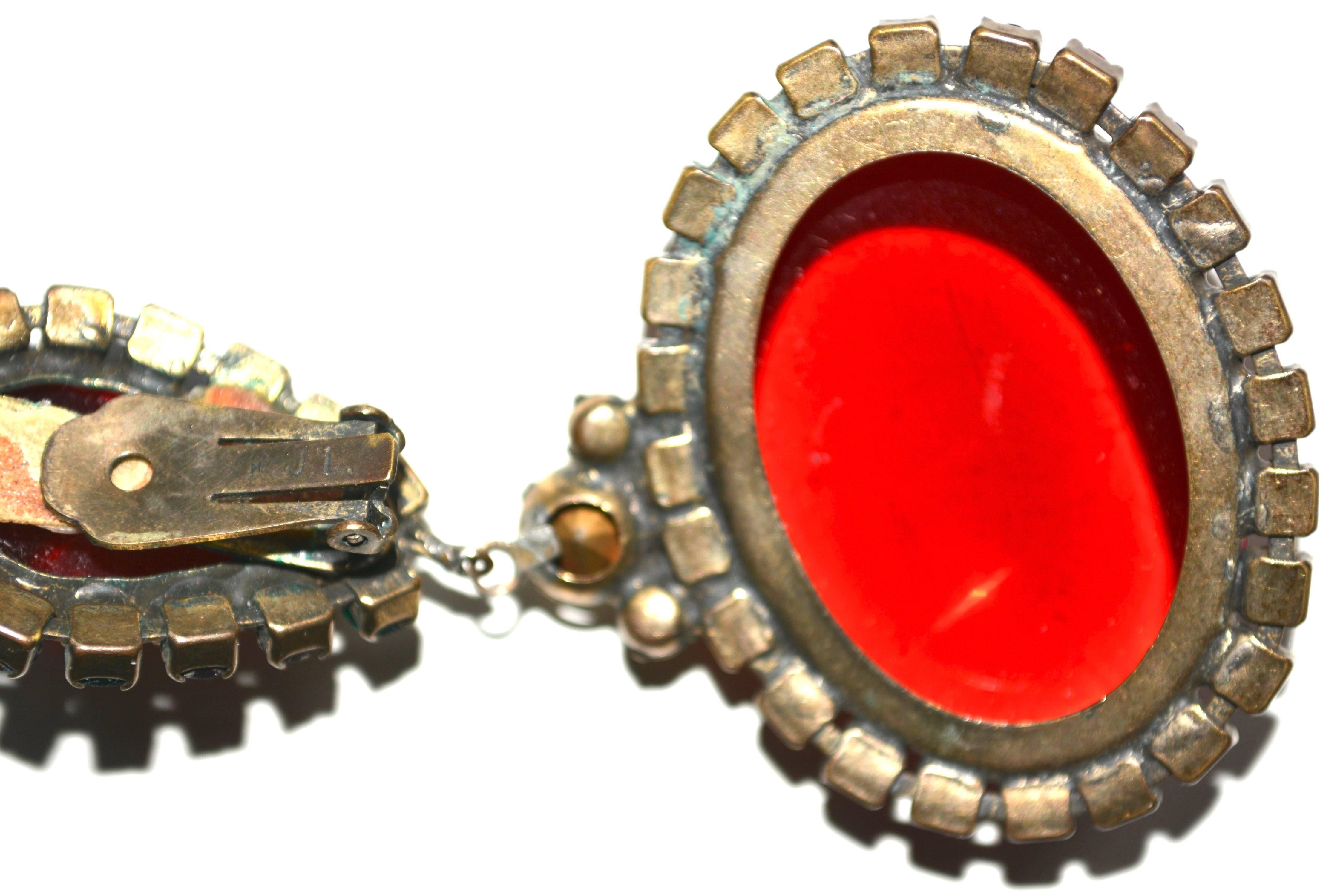 Women's 1960s KJL Red Oversized Rhinestone Earrings For Sale