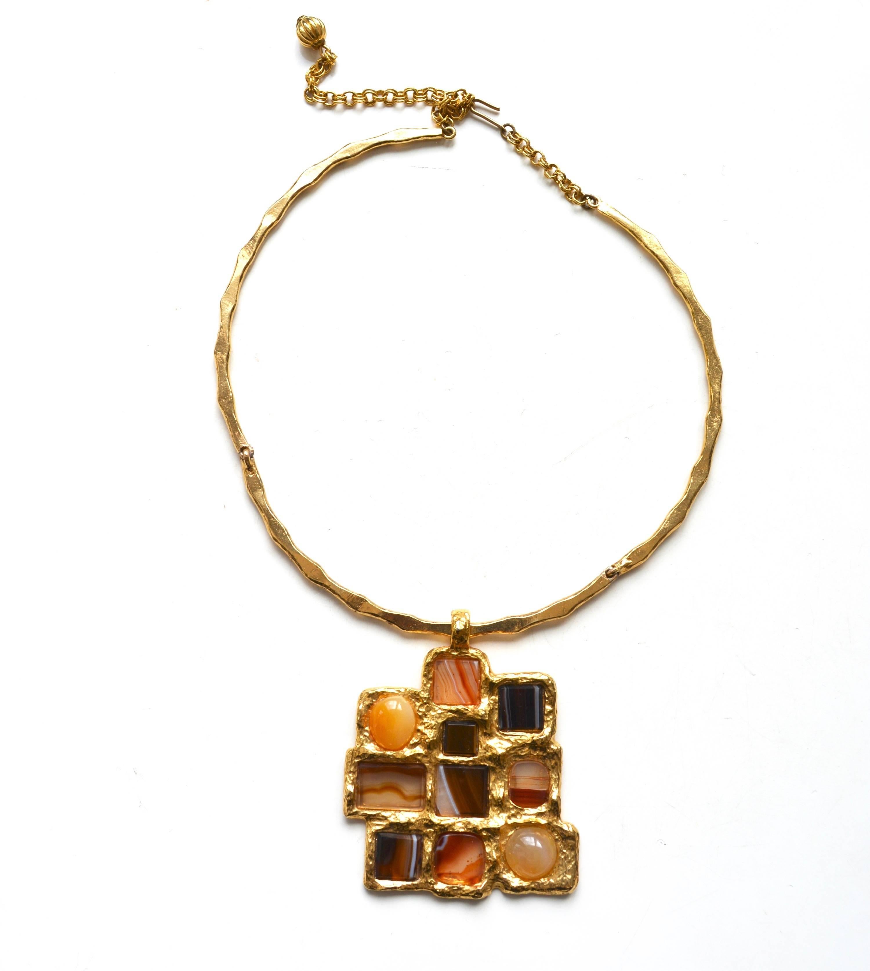 Signed Kenneth Jay Lane circa 1970s real agate geometric collar with gilt finish. Excellent condition. 3" long pendant. 16" long with a 4" extension allowing for about a 20" total length. 