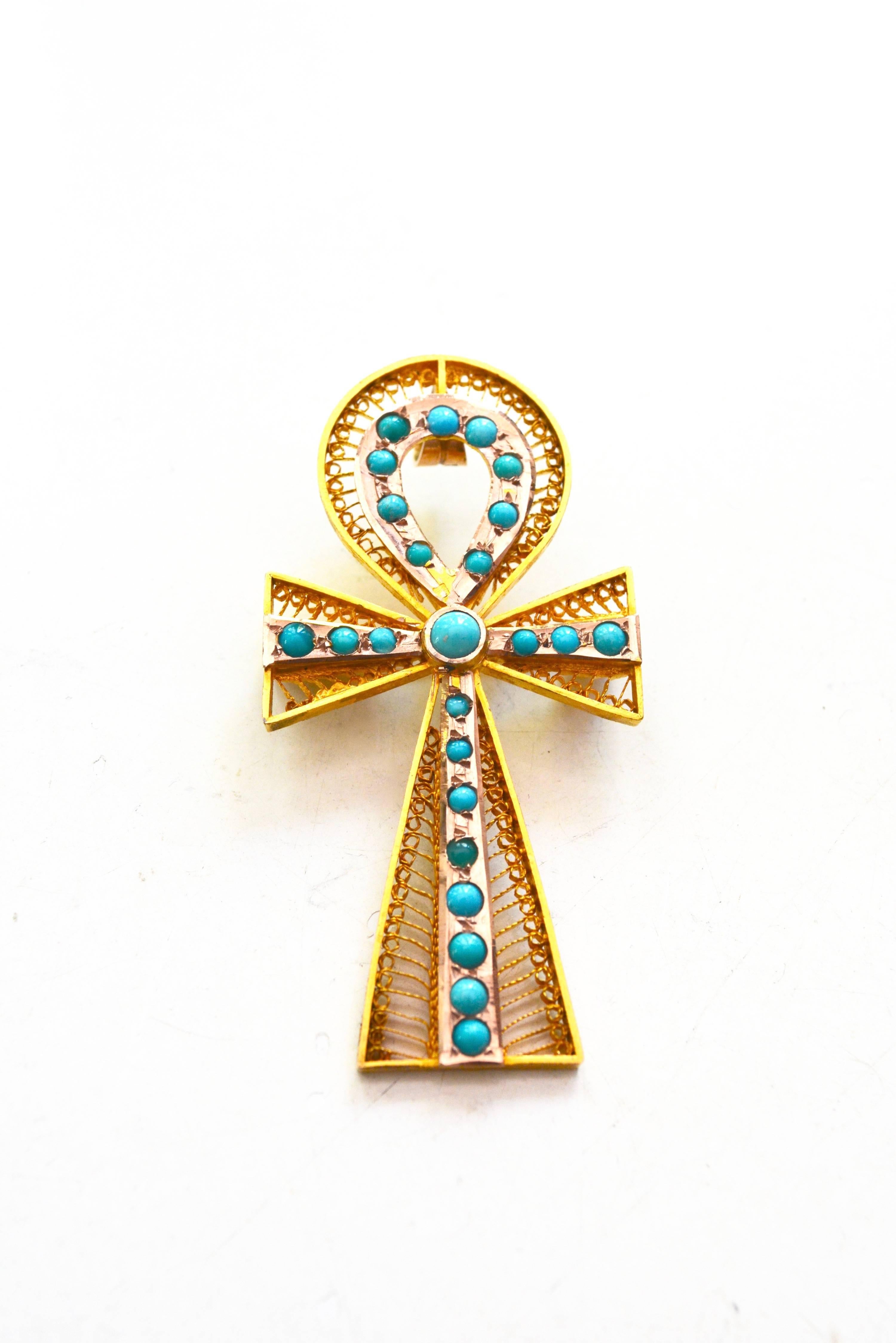 1920s 18K gold turquoise Ankh Brooch /Pendant  In Excellent Condition For Sale In Litchfield County, CT