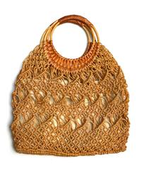 1960s Rope Macrame Beach Bag / Wicker Handle