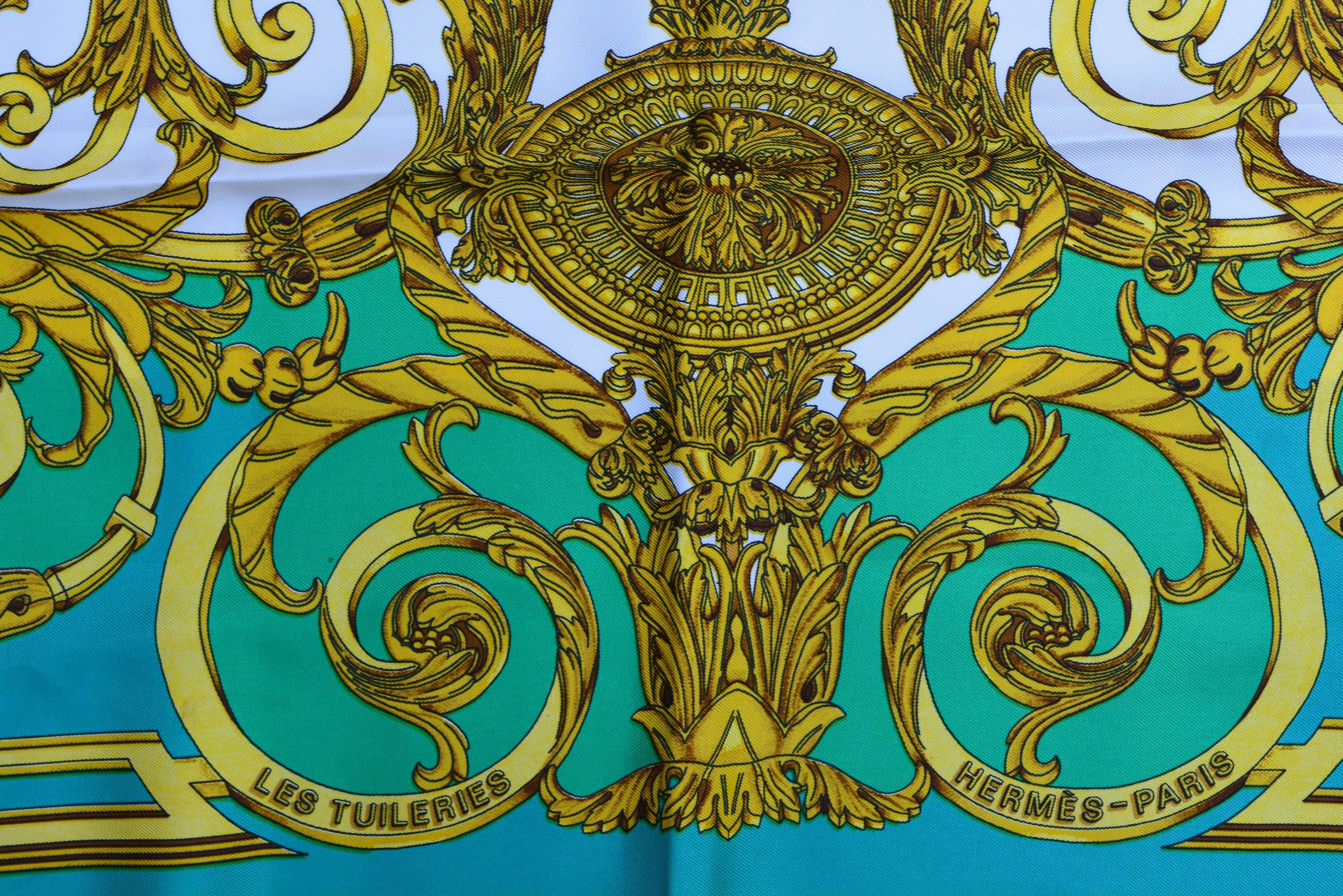 Les Tuileries Hermes Paris Turquoise Scarf In Excellent Condition In Litchfield County, CT