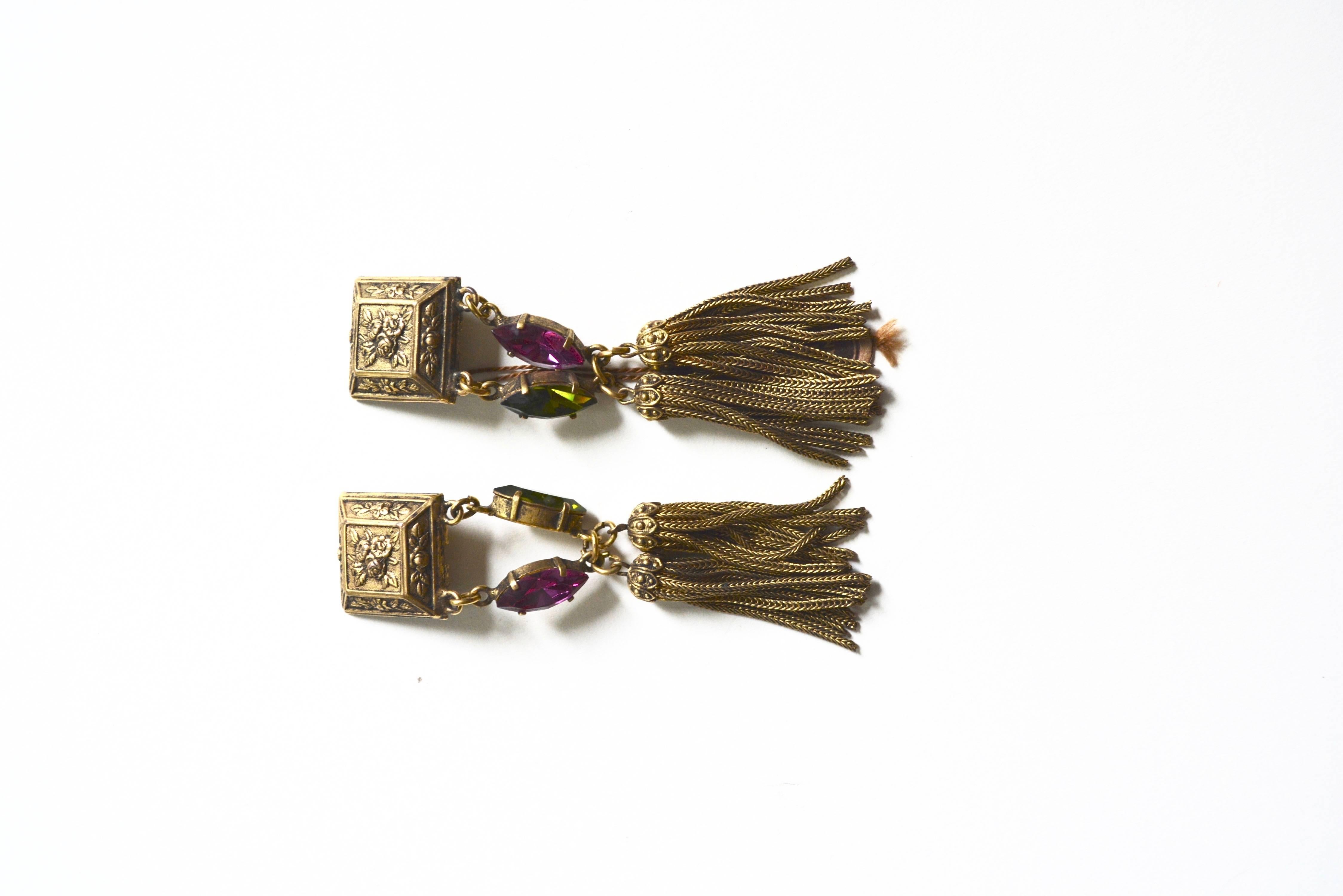 Lovely vibrant rhinestone French tassel earrings, circa 1960s. I had one other pair from the same former model's collection.  These feature a citrus green and pink color scheme. Condition is excellent. 3.2