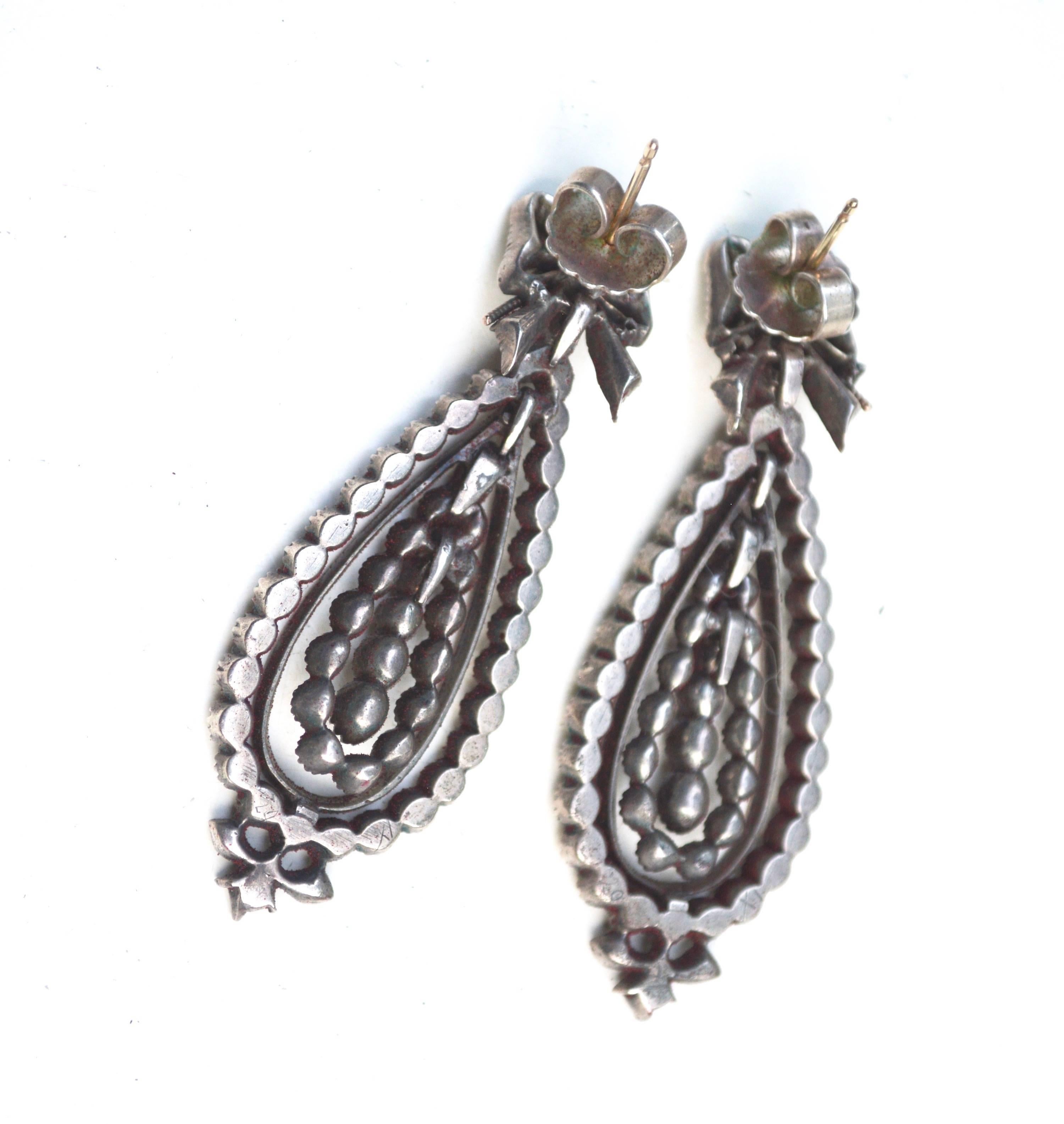 Beautiful handcrafted antique 1700s or 18th century silver and gold paste drop earrings.  Sterling and gold detailing.  About 2.25