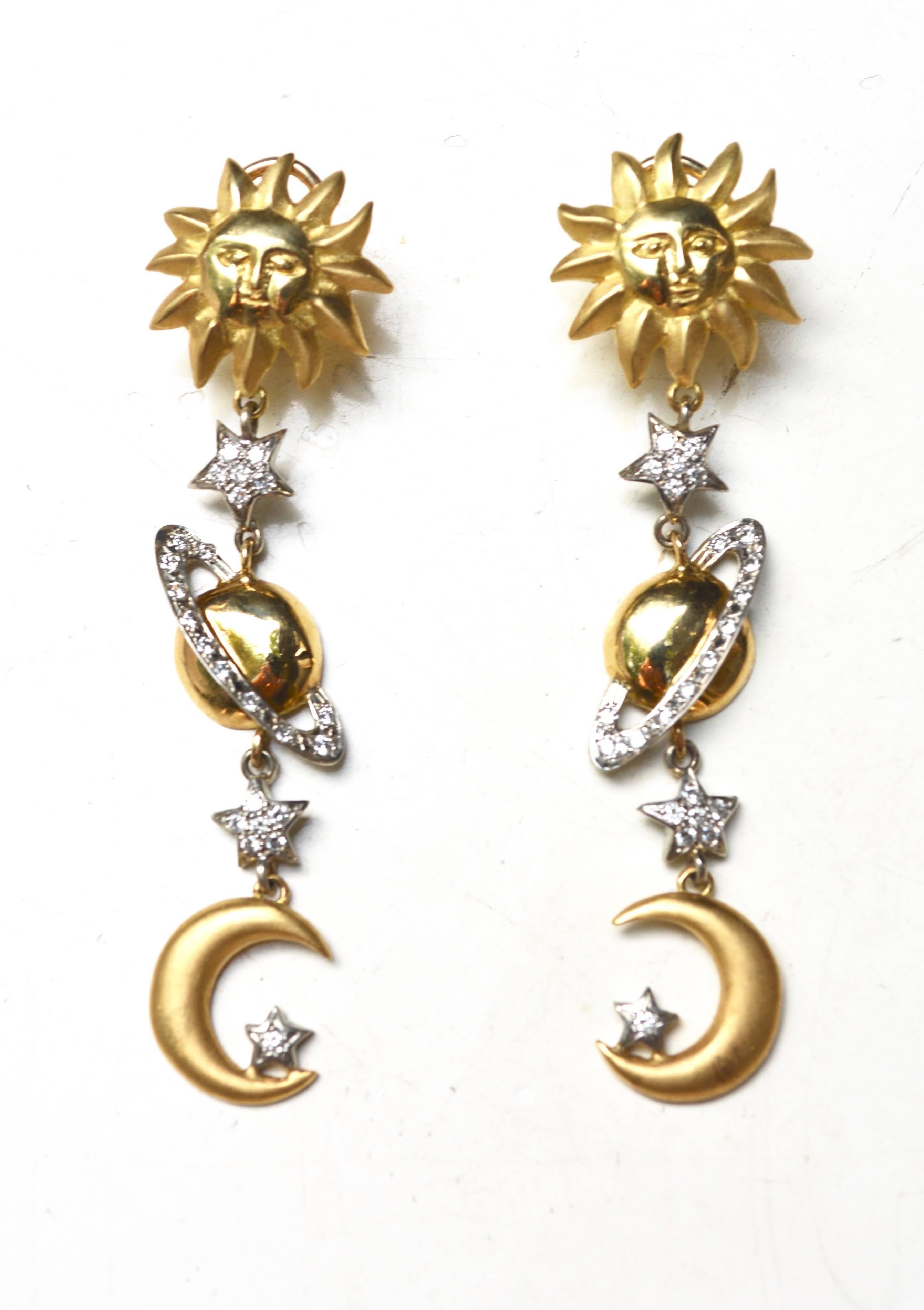 Solar System, Sun, Moon and Saturn Earrings / 18K Diamond  In Excellent Condition In Litchfield County, CT