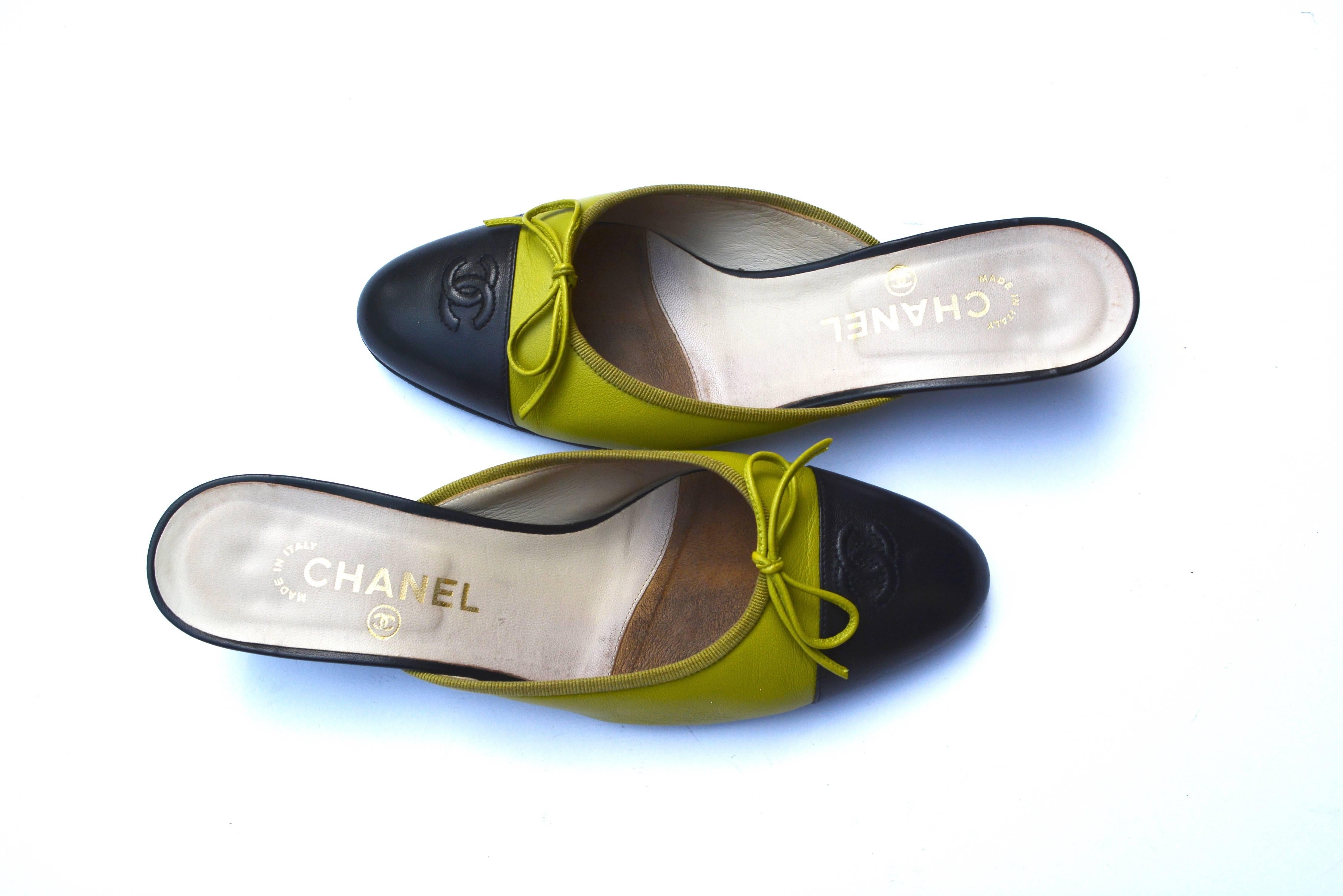 Black Chanel Lime Kitten Heel Slip On Shoes