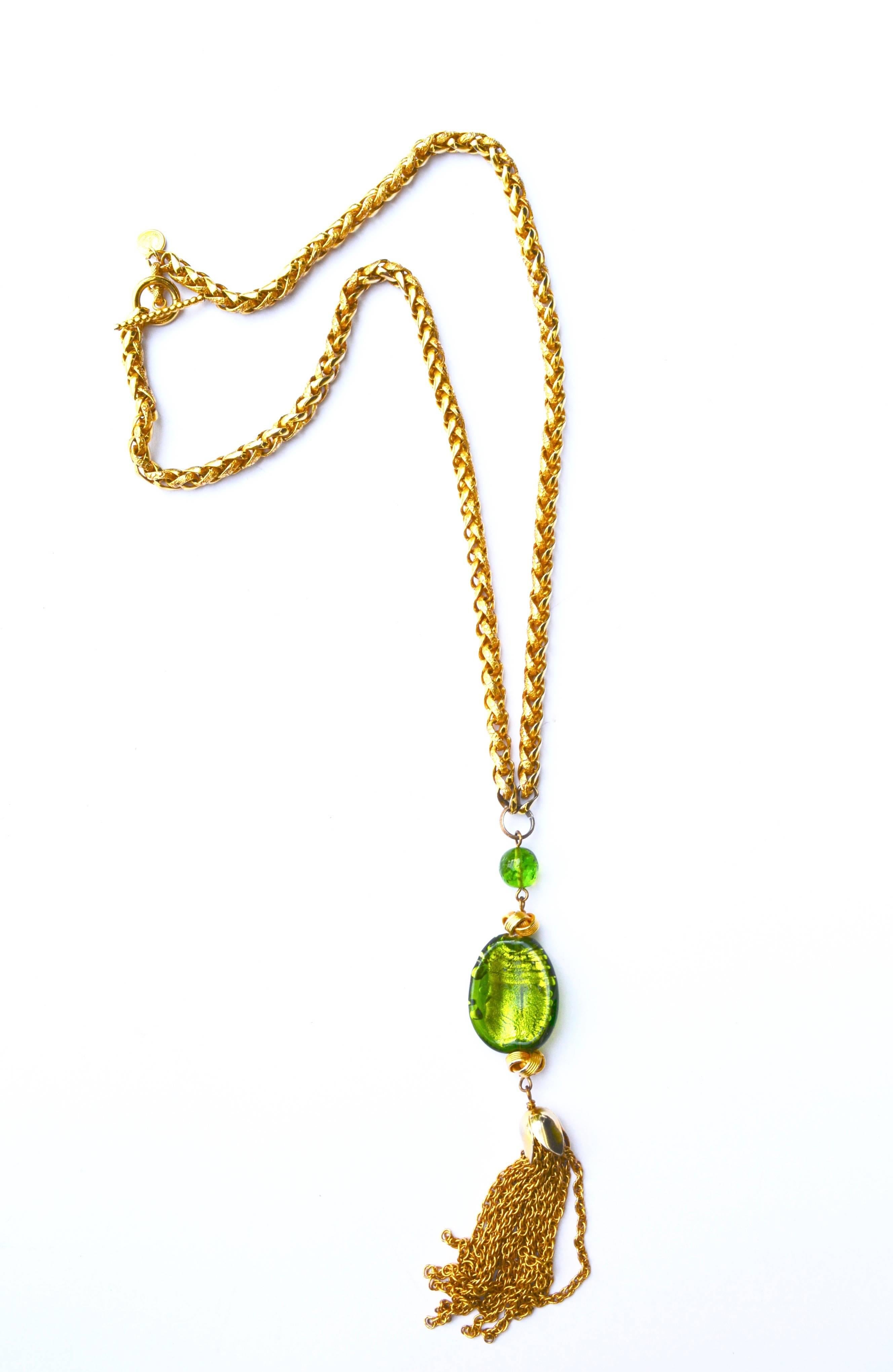 Dominique Aurientis Citris Green Glass Tassel Necklace In Good Condition For Sale In Litchfield County, CT