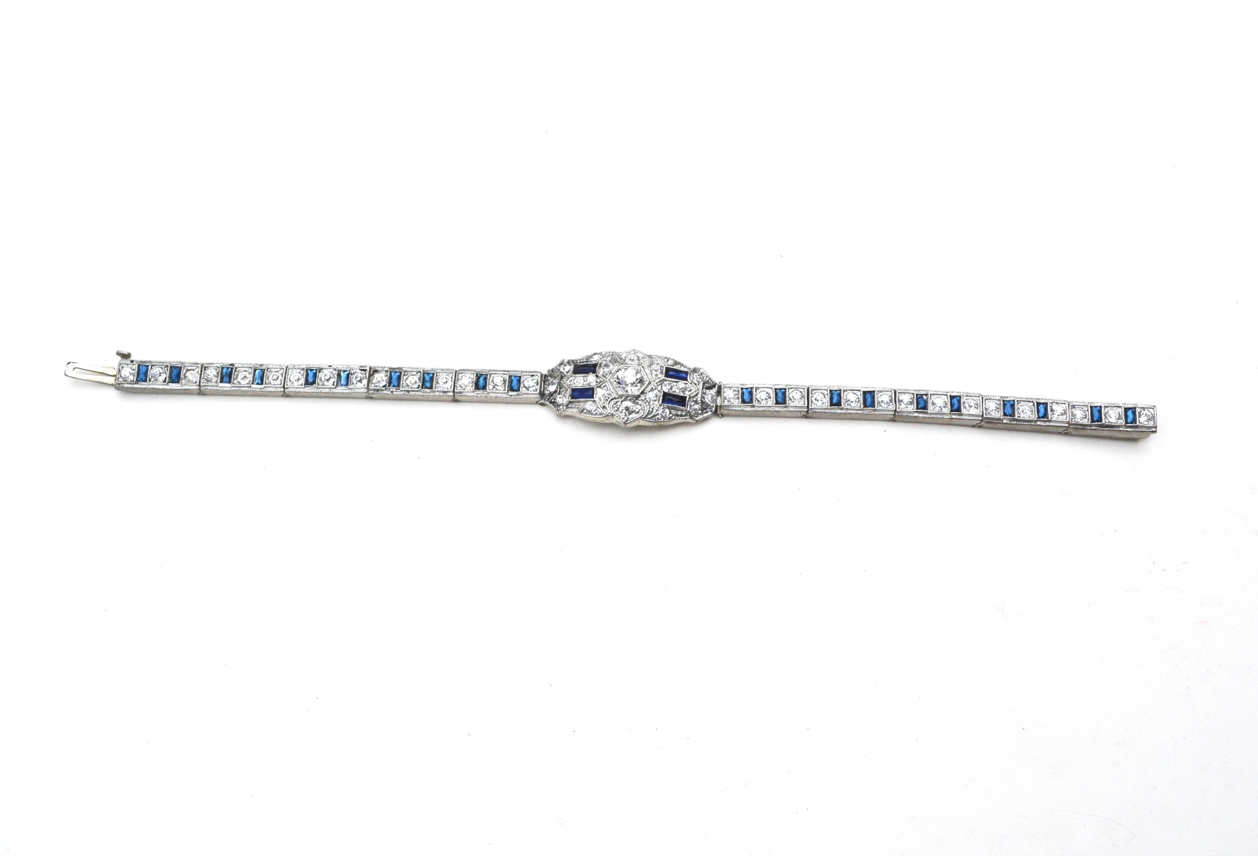 Women's 1920s Set of Paste Stone and Sterling Sapphire Glass Bracelets For Sale