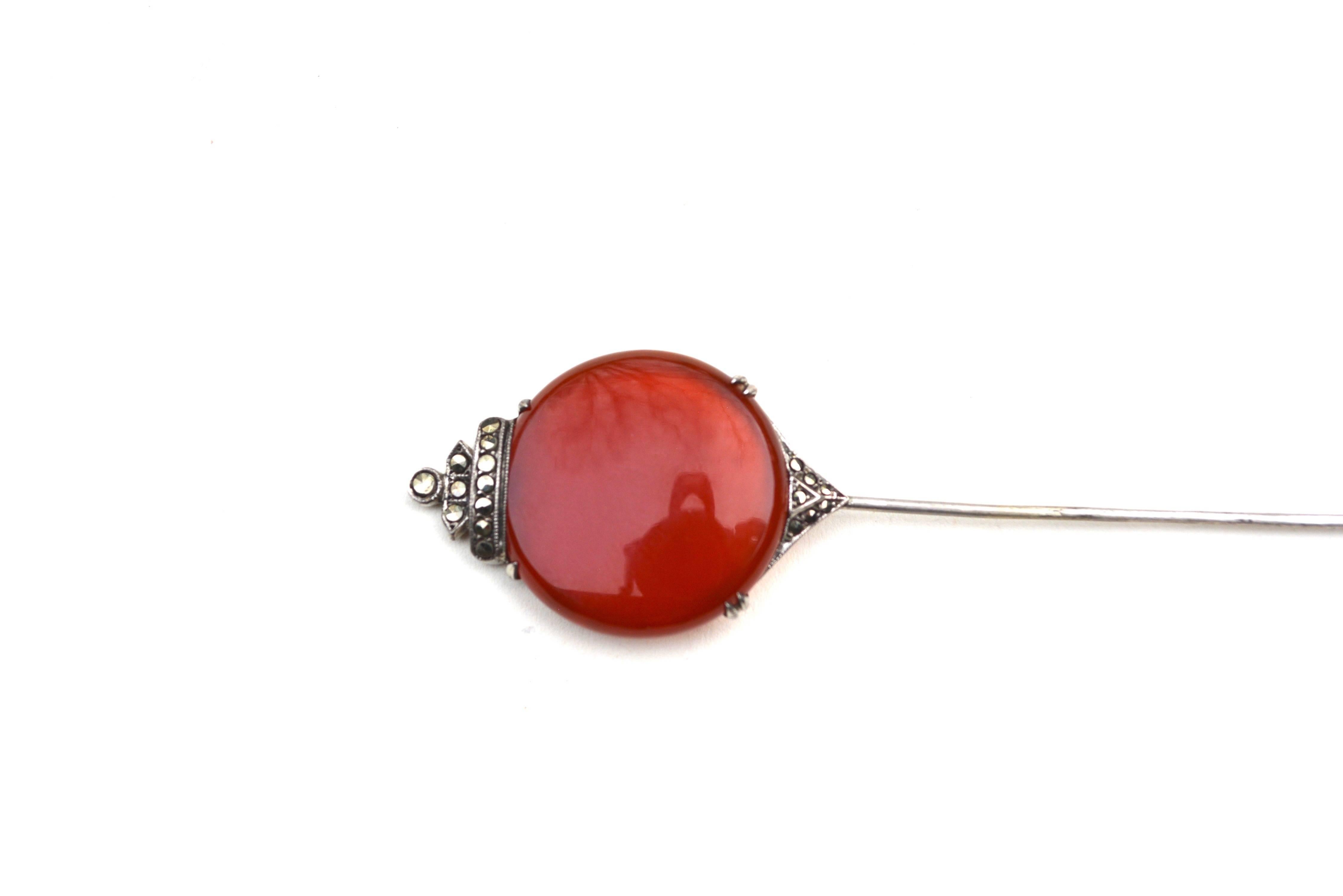 Art Deco Carnelian, Marcasite, and Sterling Hat Pin / Jabot In Good Condition For Sale In Litchfield County, CT