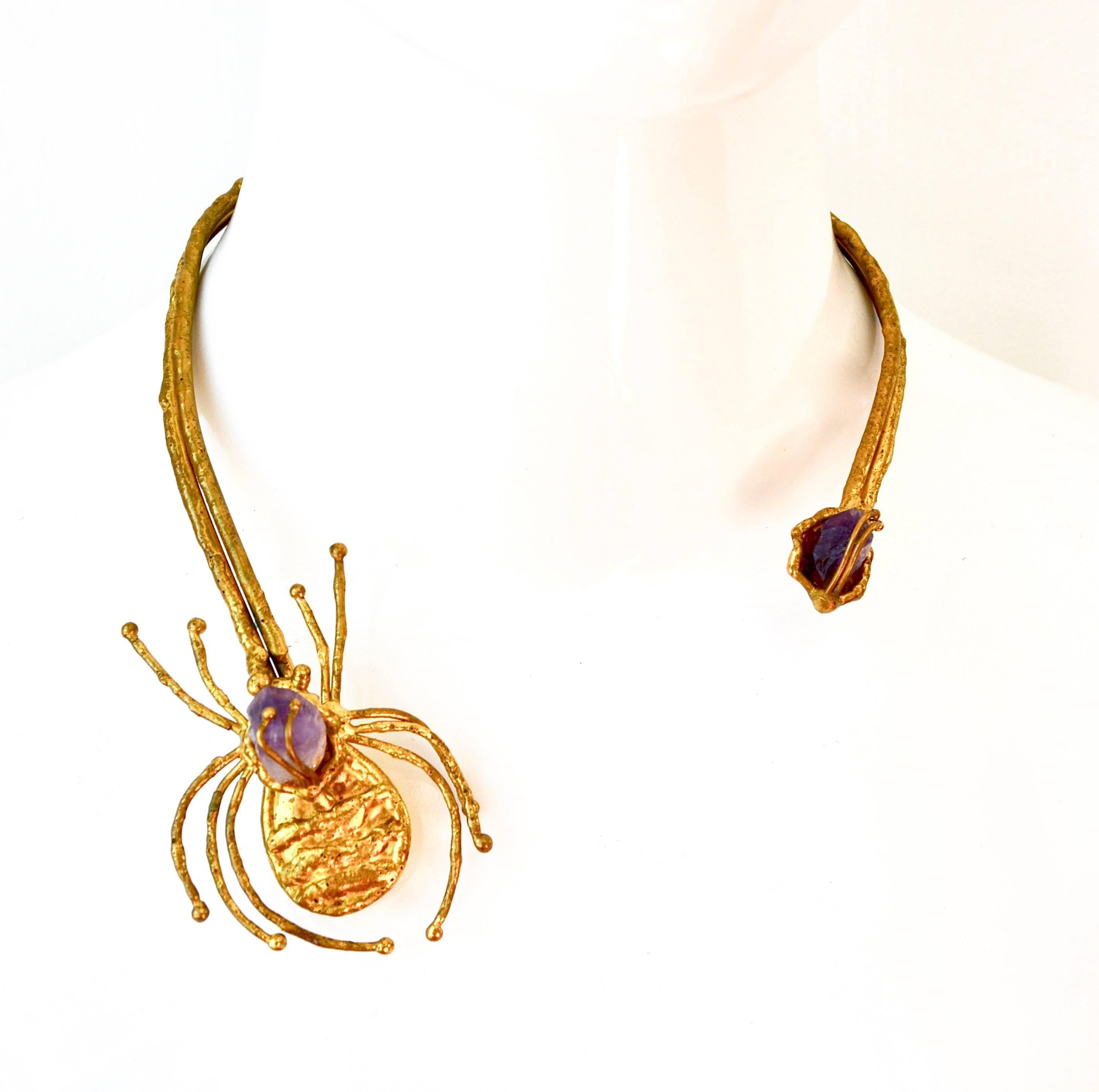 Women's or Men's 1970s Amethyst Brutalist Spider Necklace  For Sale