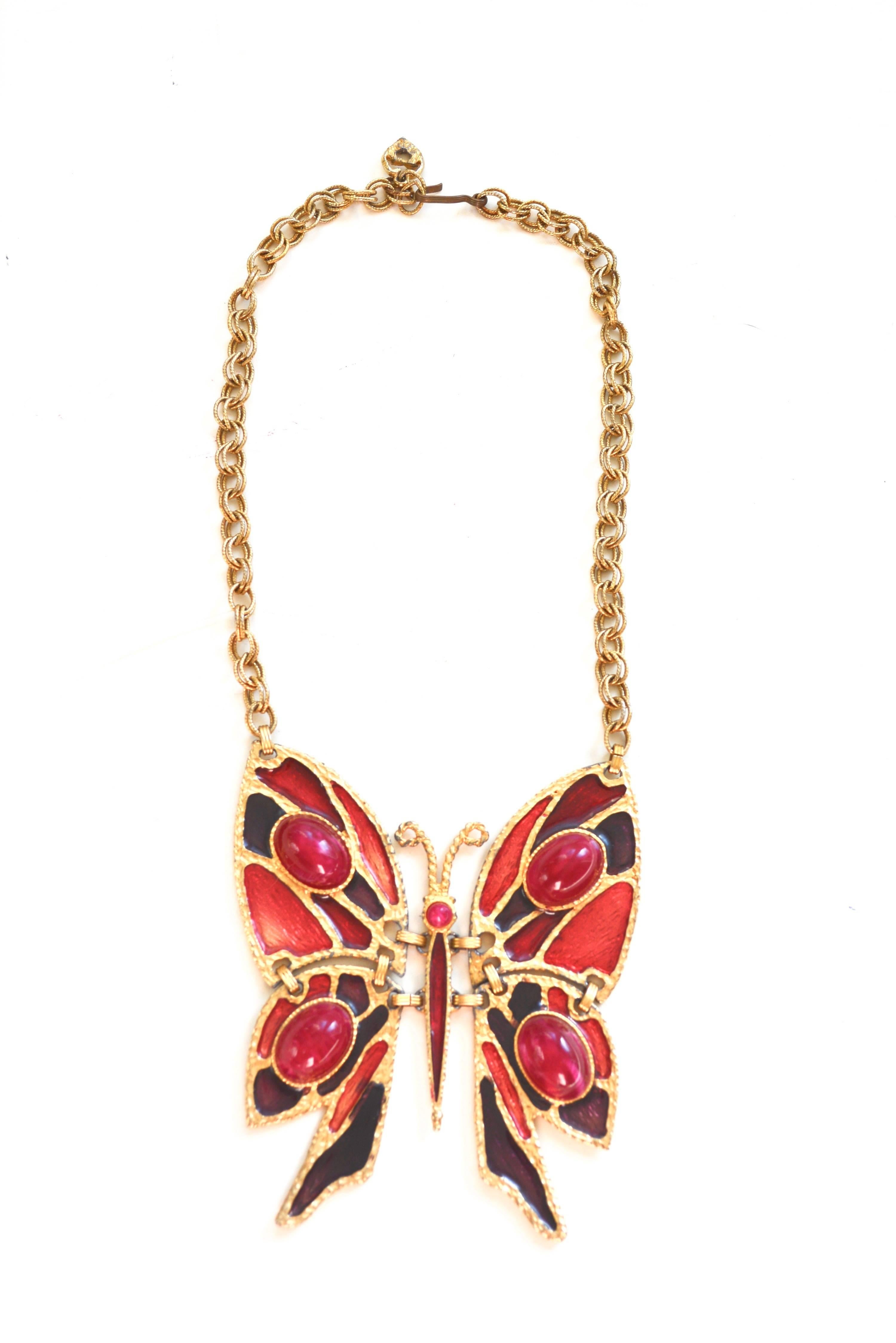 Oversized enamel butterfly necklace by Juliana with signature clasp style. Unmarked. Good overall condition with some finish wear, see images.  20