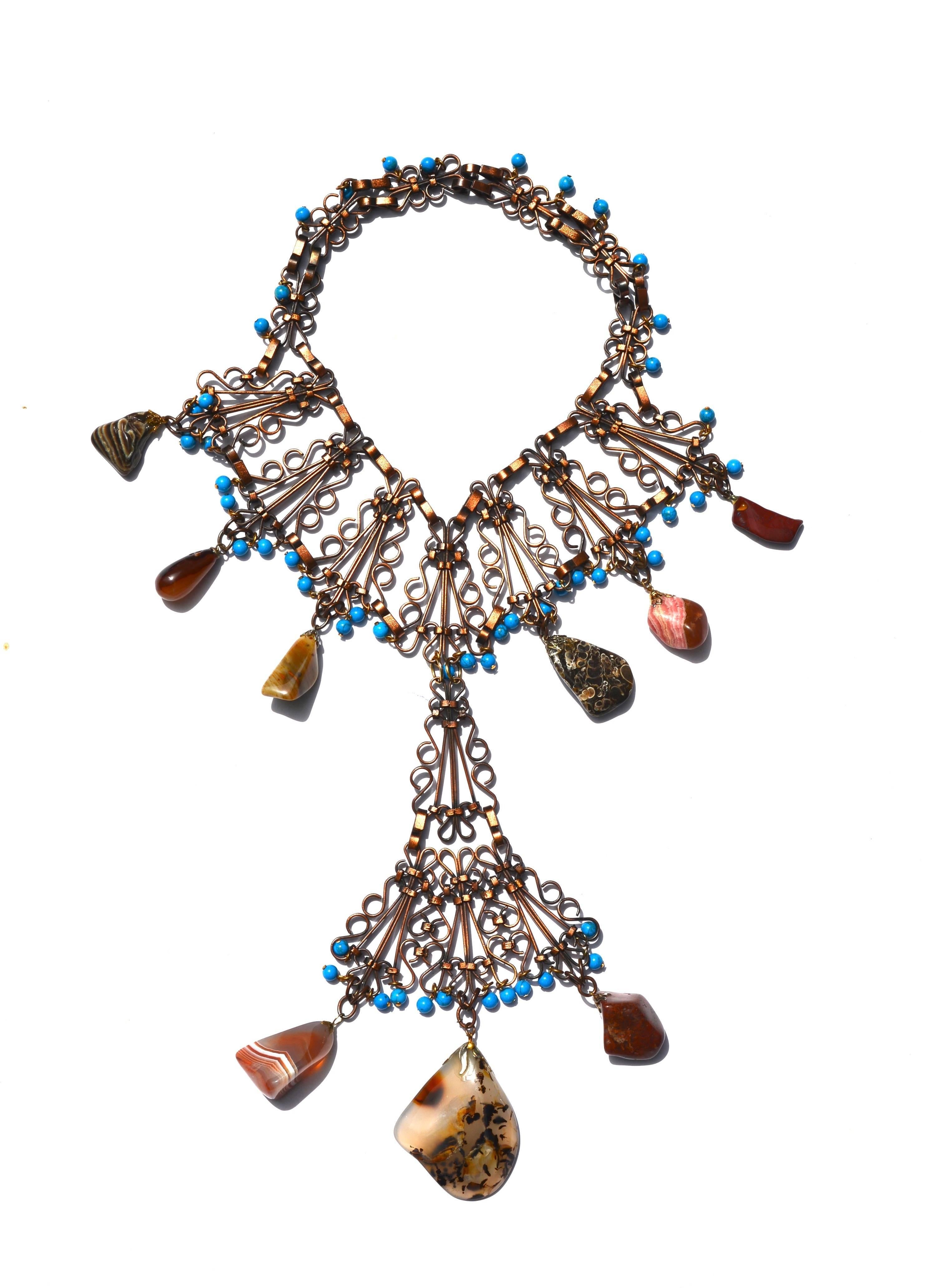 Oversized copper and stone necklace with turquoise glass beads. Unsigned. Larger style. Last image is an ig photo for fun, but it does show the scale of it on! 17