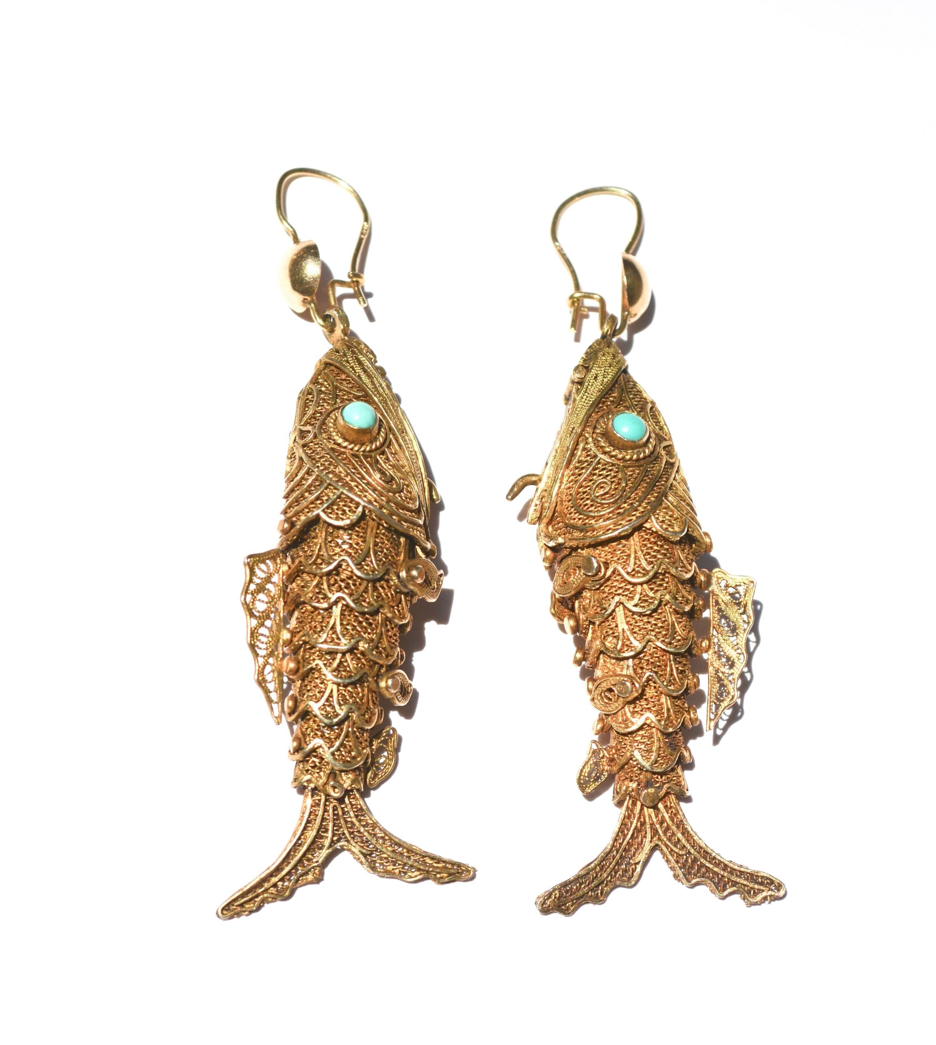 Vermeil, Turquoise, and 14k Fish earrings In Good Condition In Litchfield County, CT