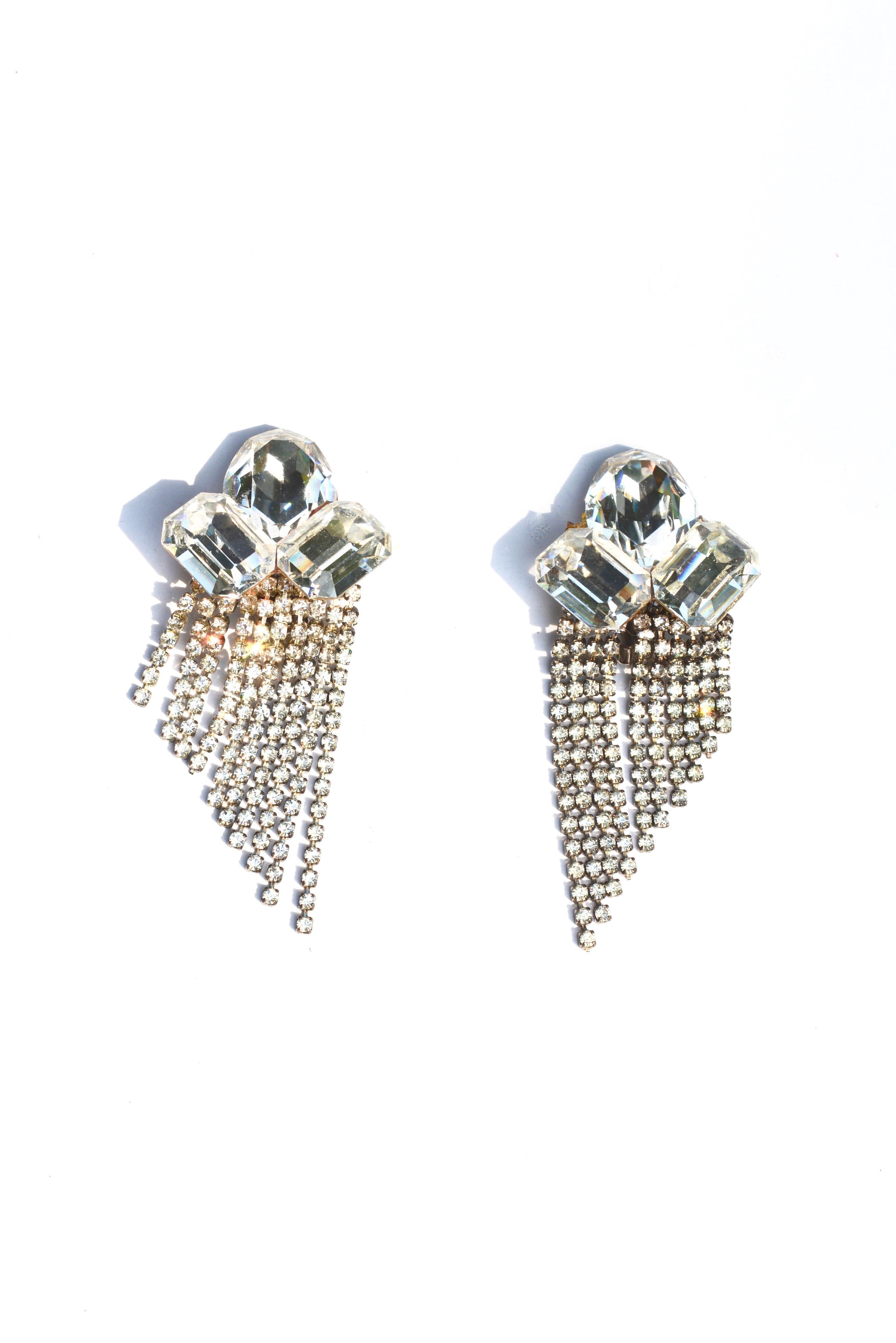 Signed 1980s rhinestone earrings with lovely detailing in the fringe and stones.  About 4