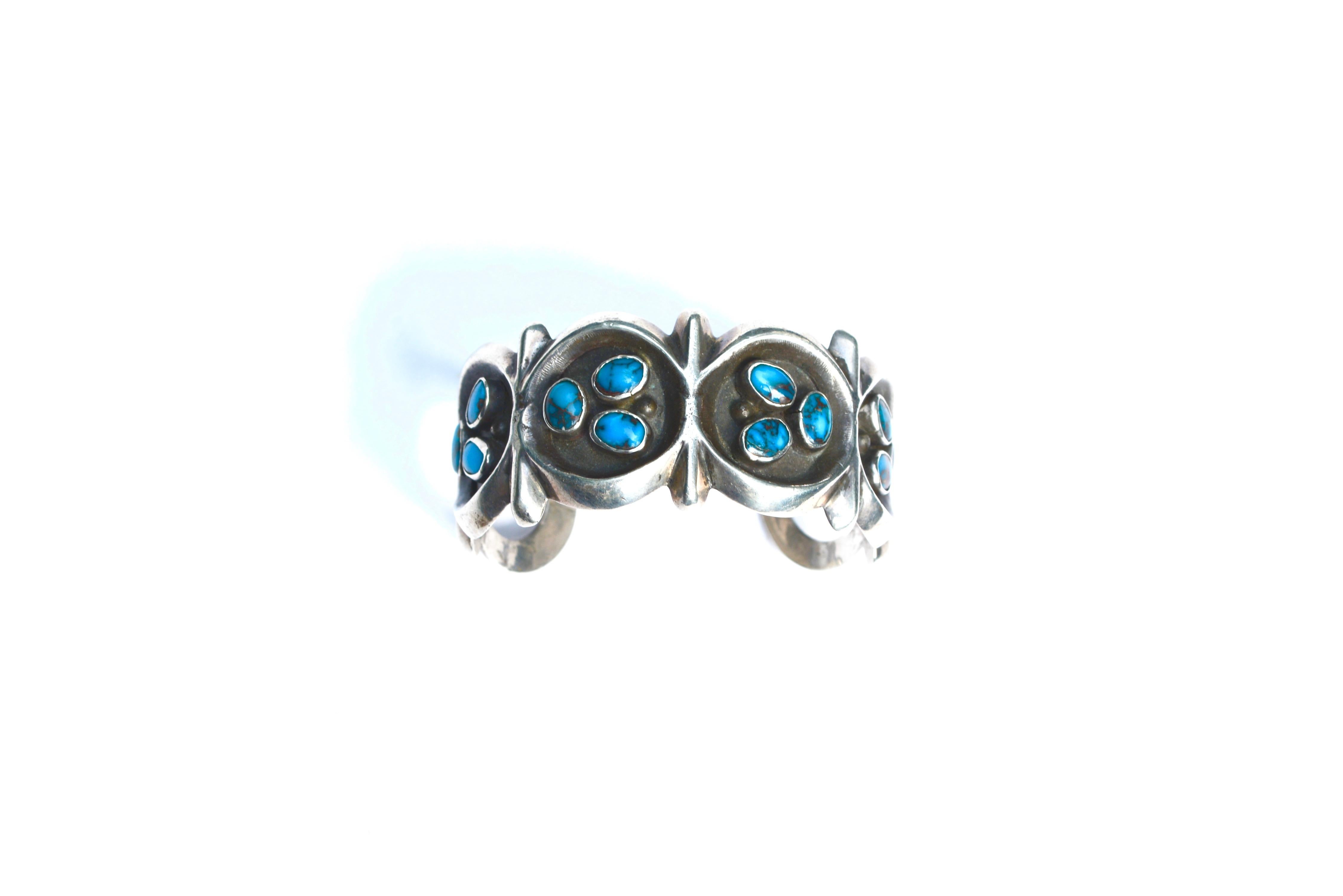 Circa 1940s-50s unsigned Navajo sand cast cuff with turquoise details. Unmarked. Handmade. 5.5