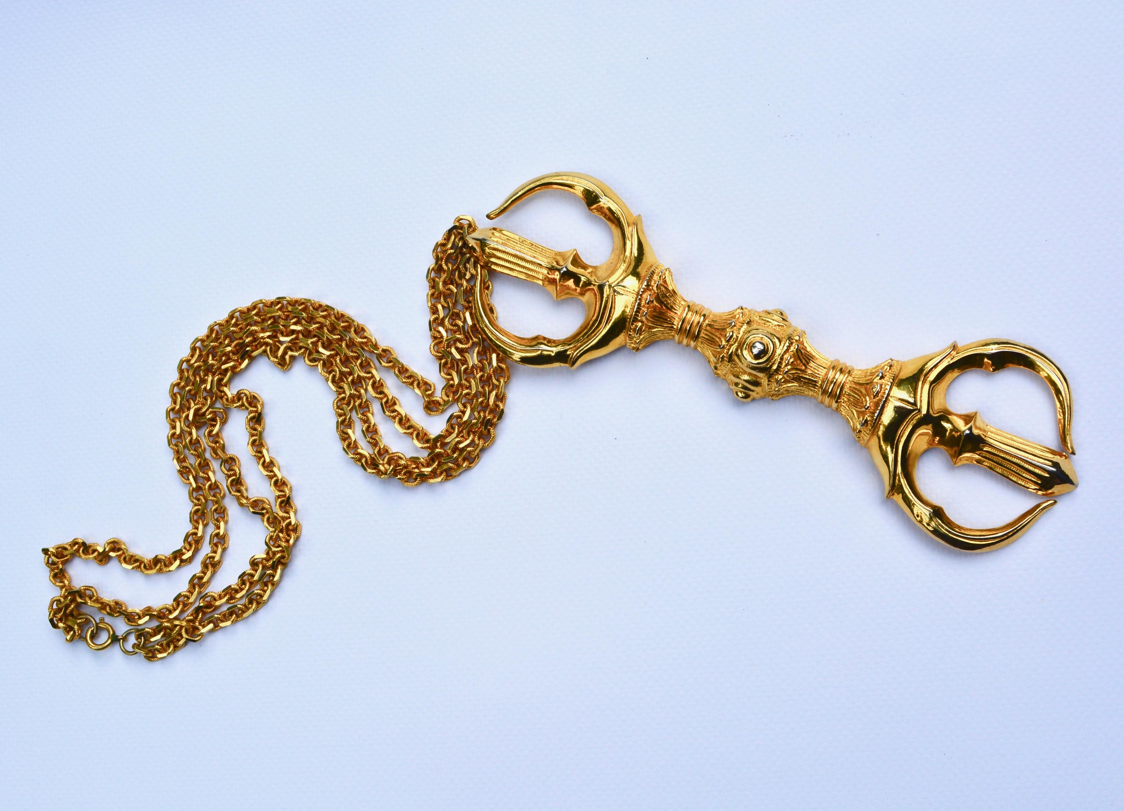 Signed large bohemian style gilt necklace, well constructed details. Double chain design. The pendant is 7
