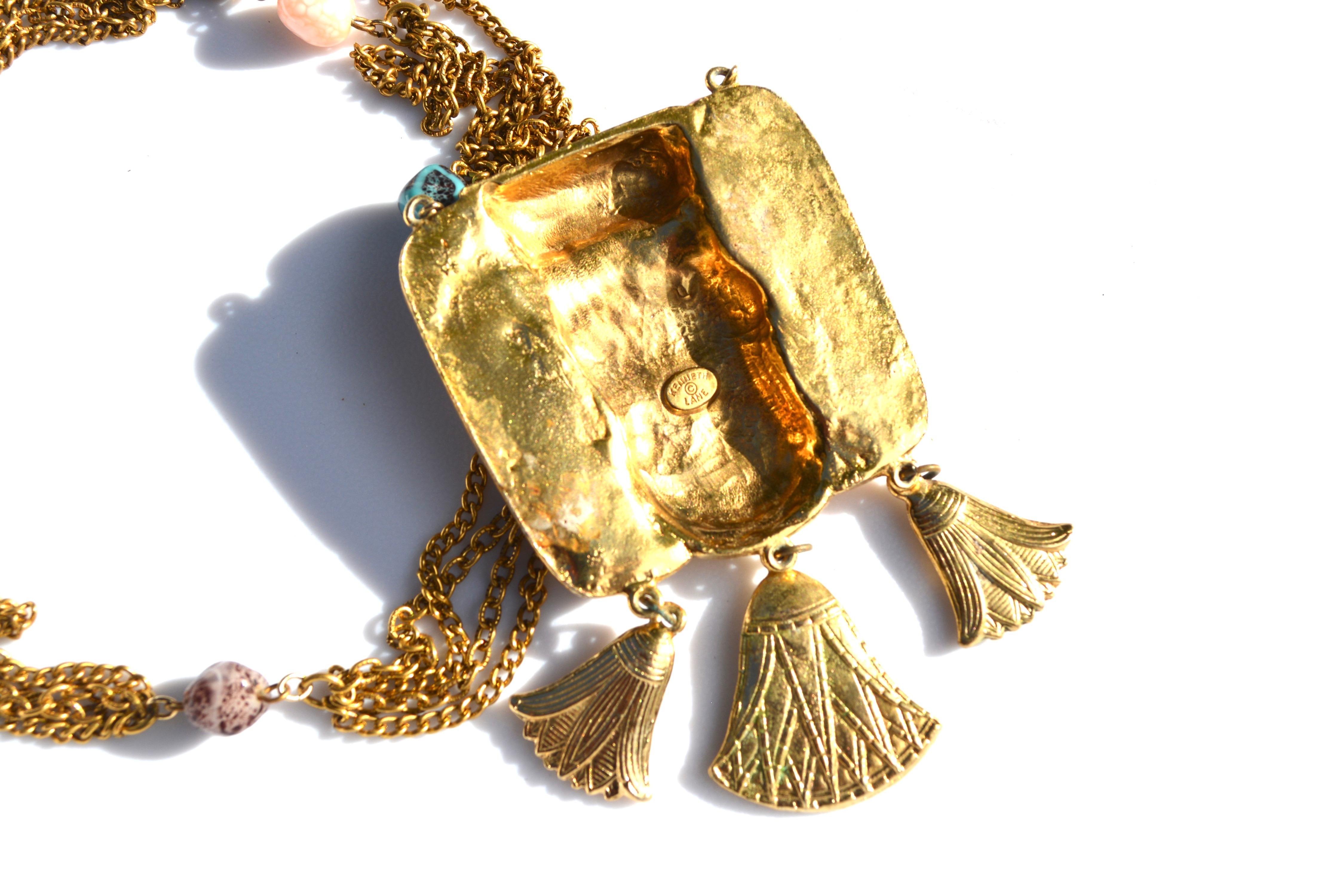 Signed Kenneth Jay Lane gilt Egyptian revival scarab necklace with glass beads. 30