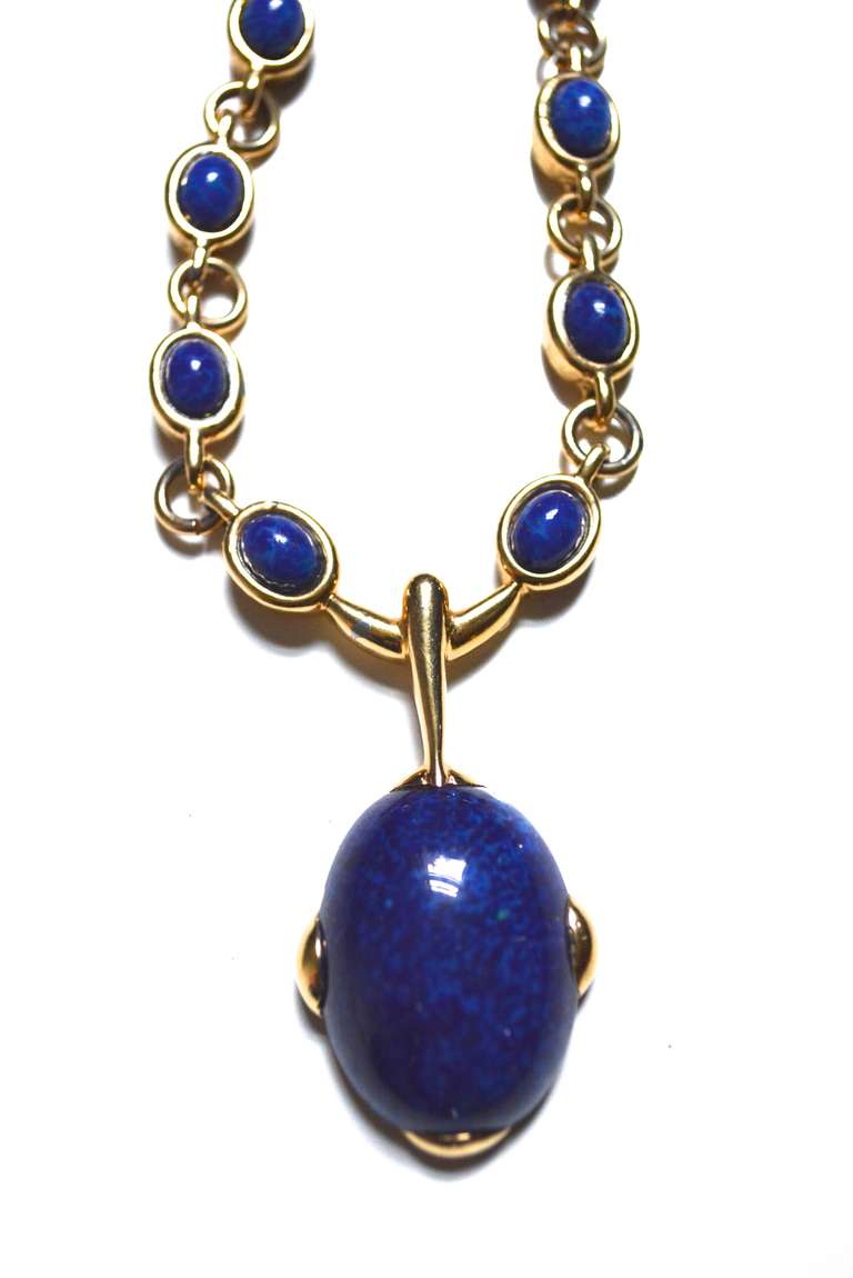 Designer Jomaz lapis blue glass cabochon necklace with oval pendant. Pendant, 1